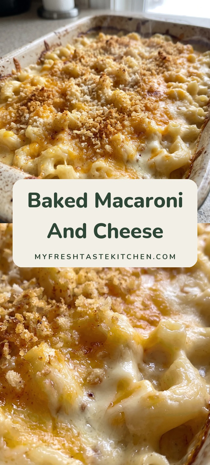 Baking dish of macaroni and cheese with a golden breadcrumb crust.