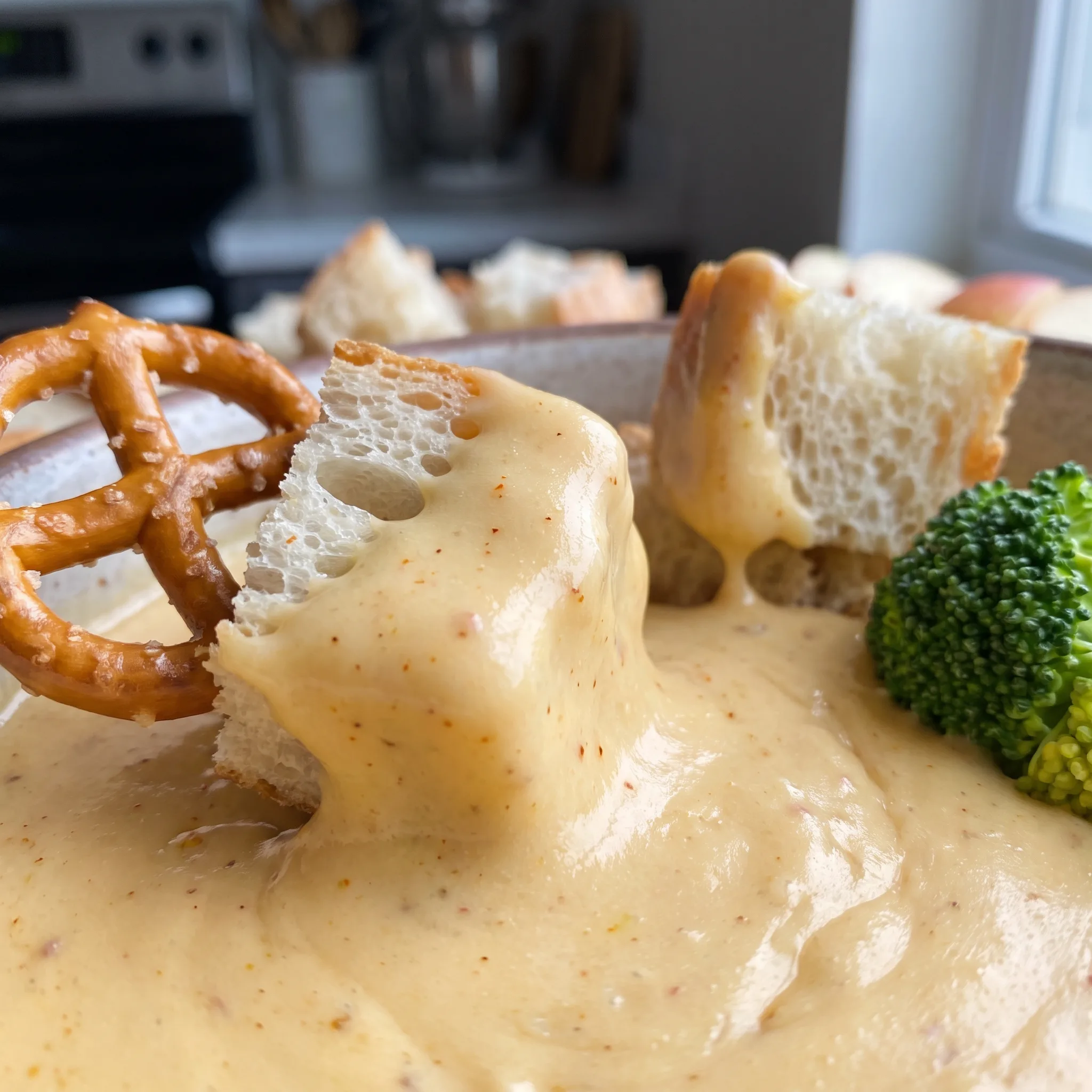 Glossy, gooey melted cheese with visible flecks of garlic and a warm amber beer tint.