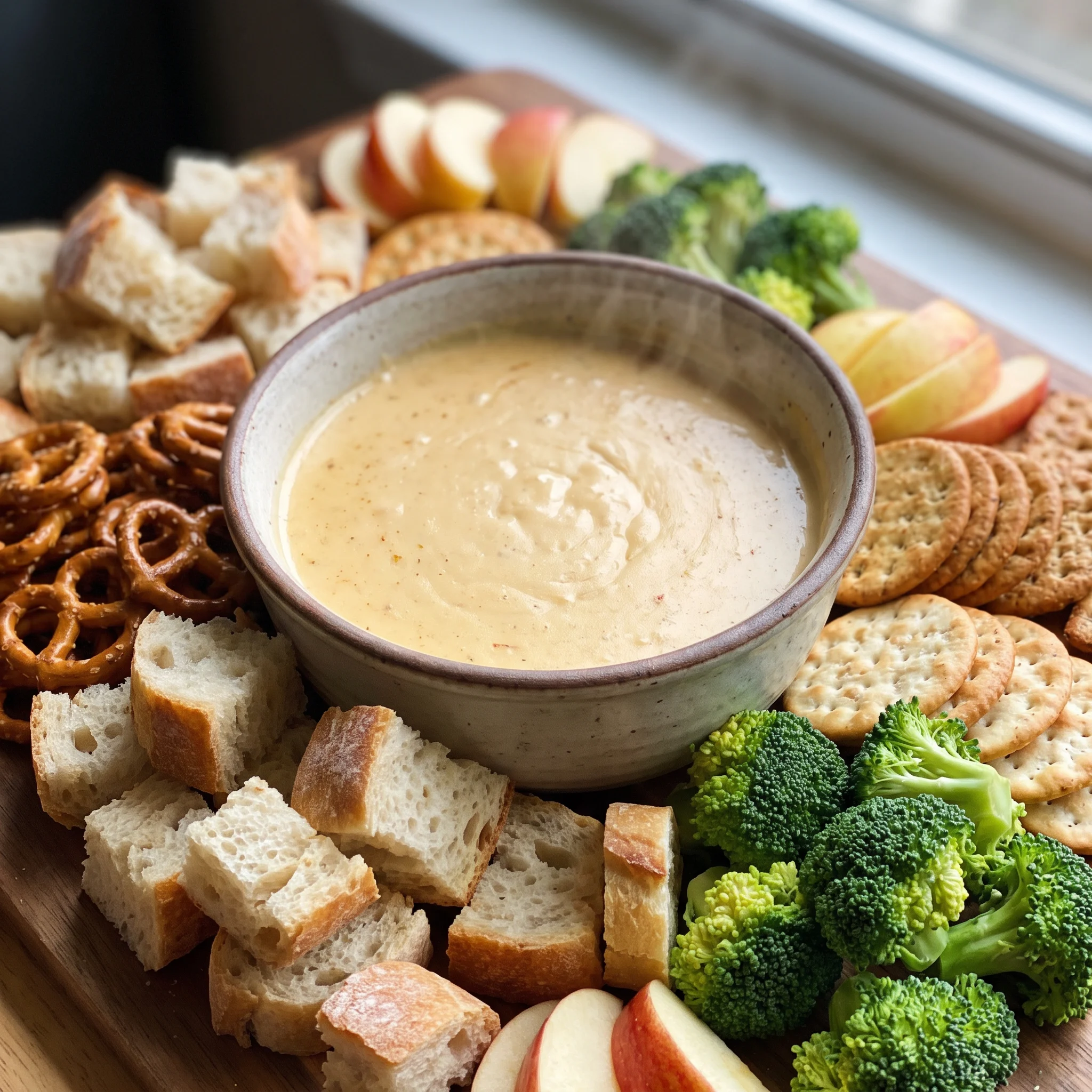 Beer cheese fondue with melted cheddar and gouda, diced garlic, and beer, golden and smooth.