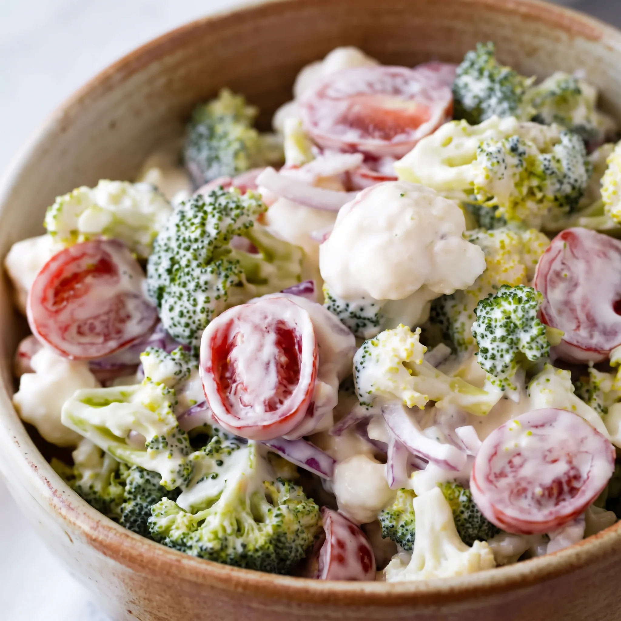 Creamy broccoli cauliflower Christmas salad with cherry tomatoes and diced red onion in a white dressing.