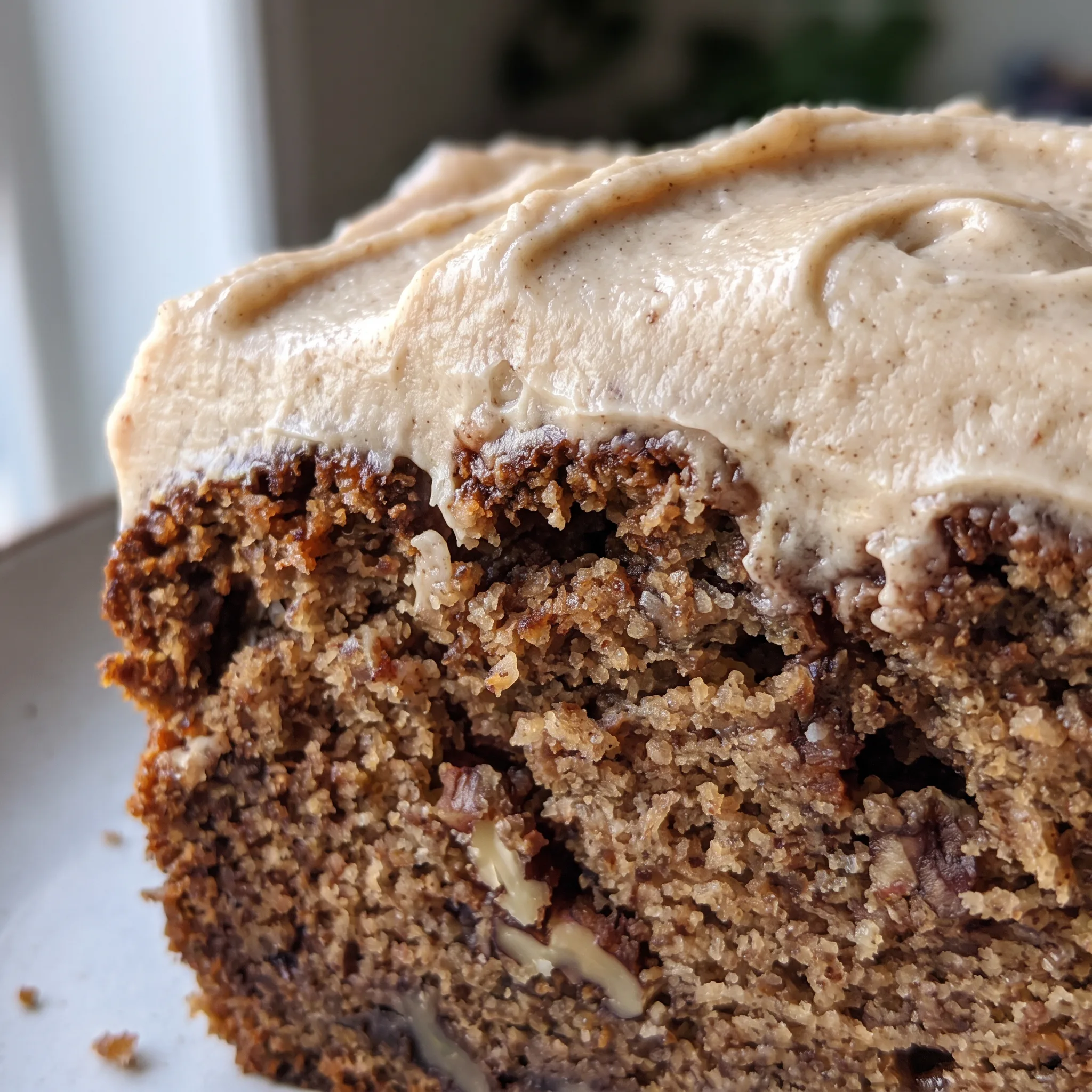 Moist banana bread crumb with swirls of cream cheese frosting and crunchy pecan halves.