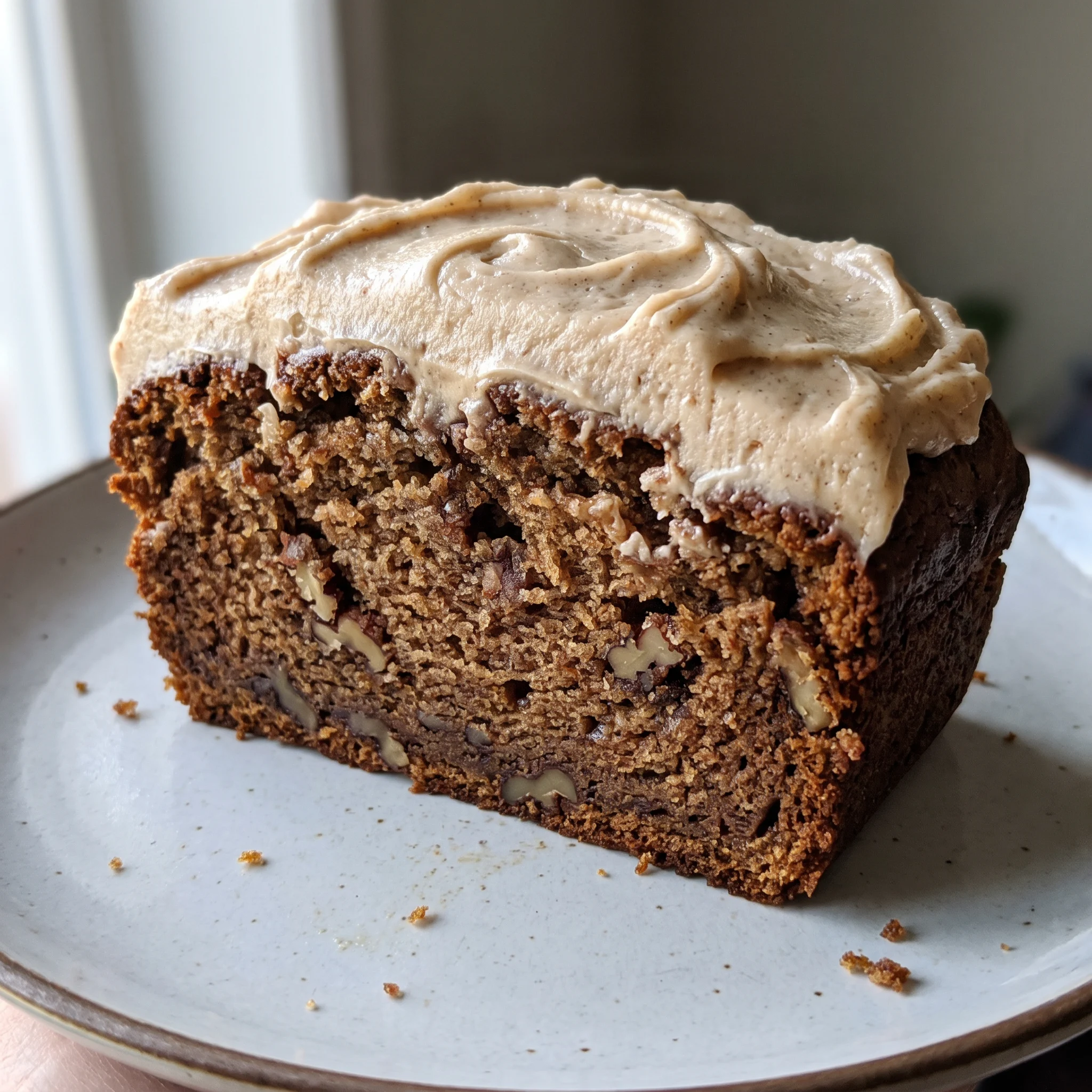 Sliced brown butter banana bread topped with cream cheese frosting and scattered pecan pieces.