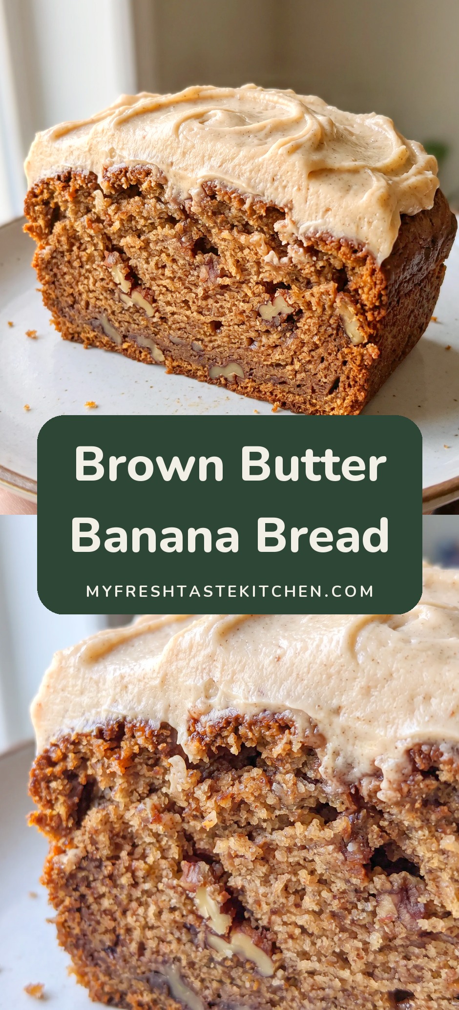 Slice of dark banana bread topped with thick tan frosting.
