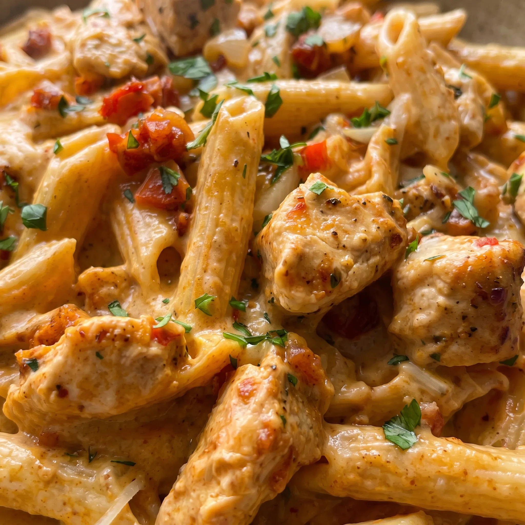 Glossy cream sauce coating pasta, with grated Parmesan melting over tender chicken pieces and red pepper.