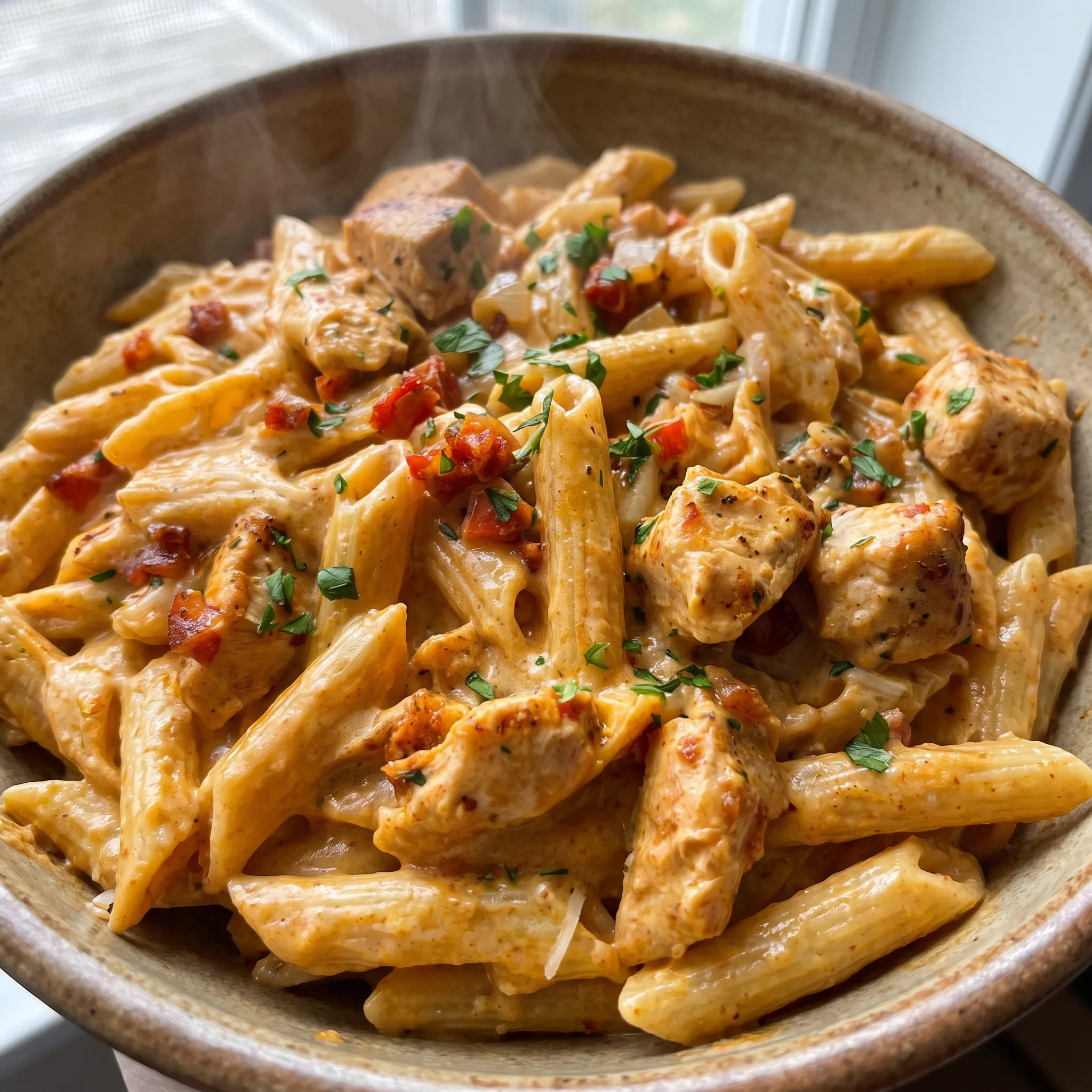Cajun chicken pasta with cubed chicken, red bell pepper strips, and penne in a creamy orange sauce.