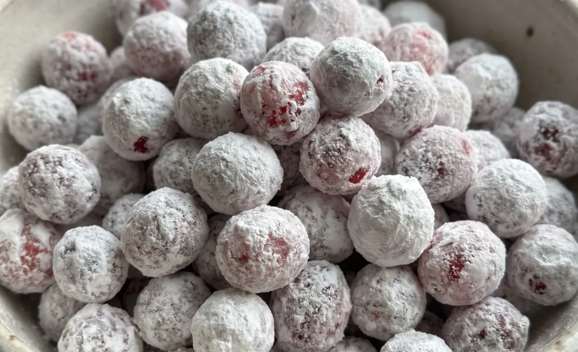 Candied cranberries coated in white powdered sugar, bright red berries with a frosted, crystalline exterior