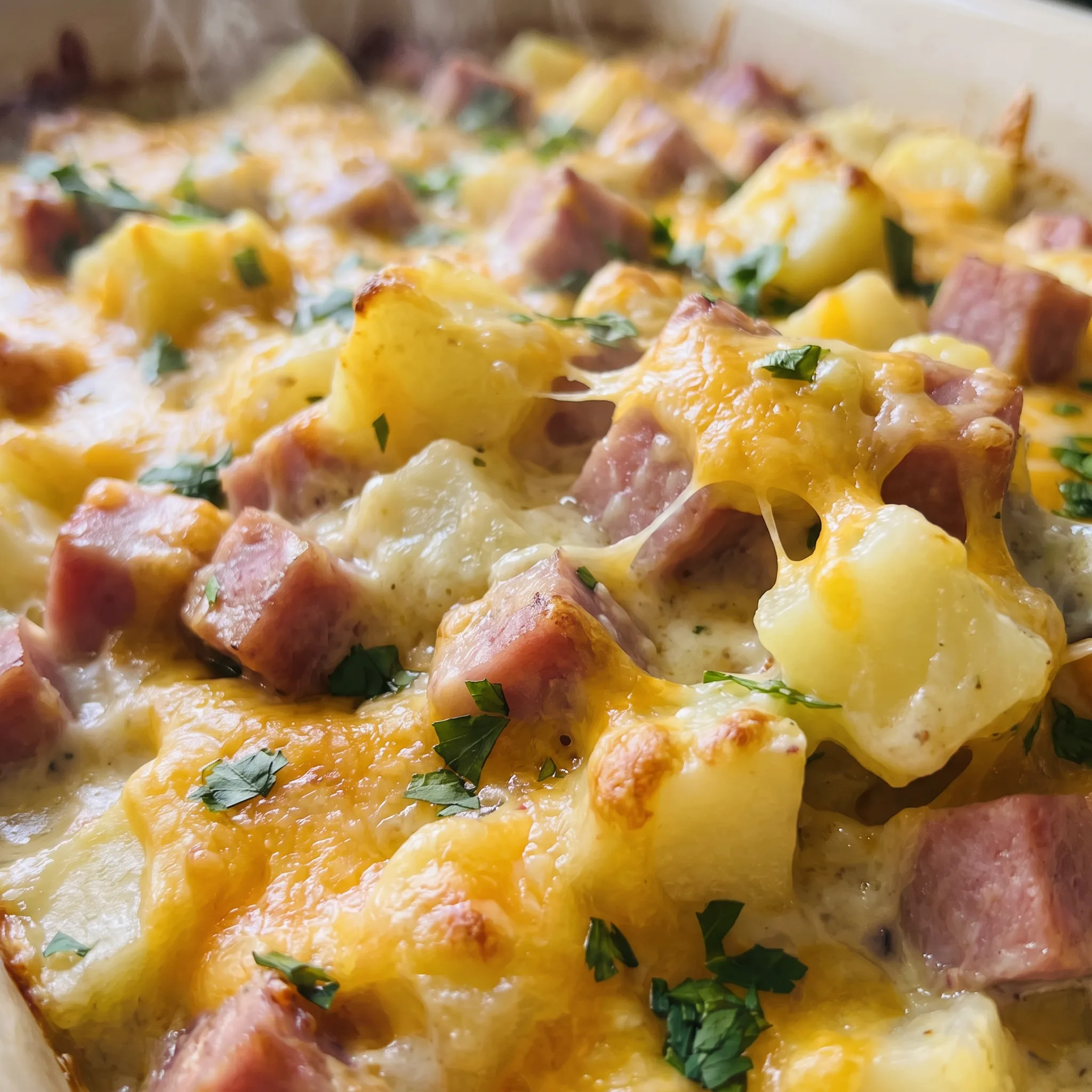 Golden melted cheddar over tender potato chunks, pink ham pieces, and soft onion bits in a creamy bake.