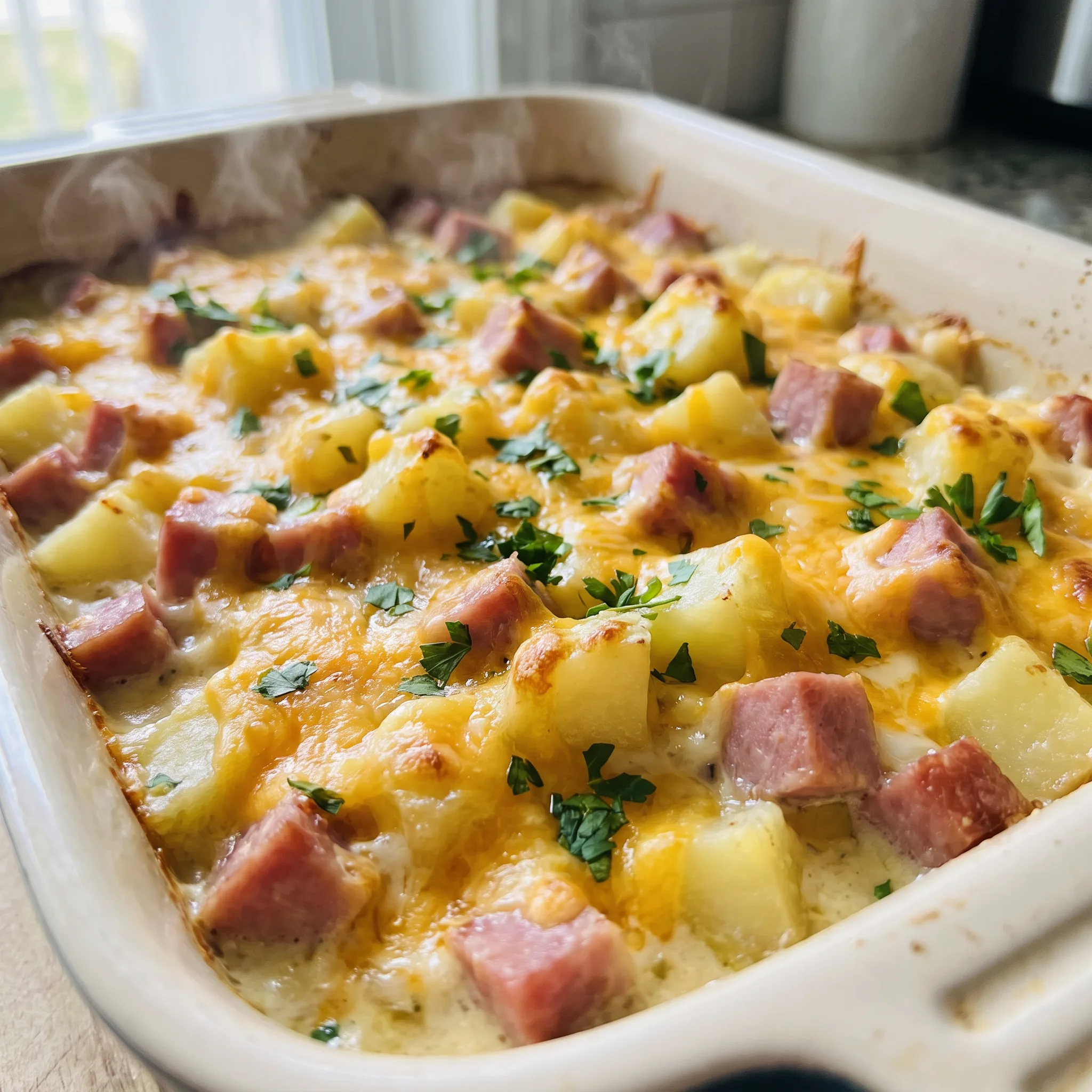 Cheesy ham and potato casserole with cubed potatoes, diced ham, sliced onions, and melted cheddar on top.