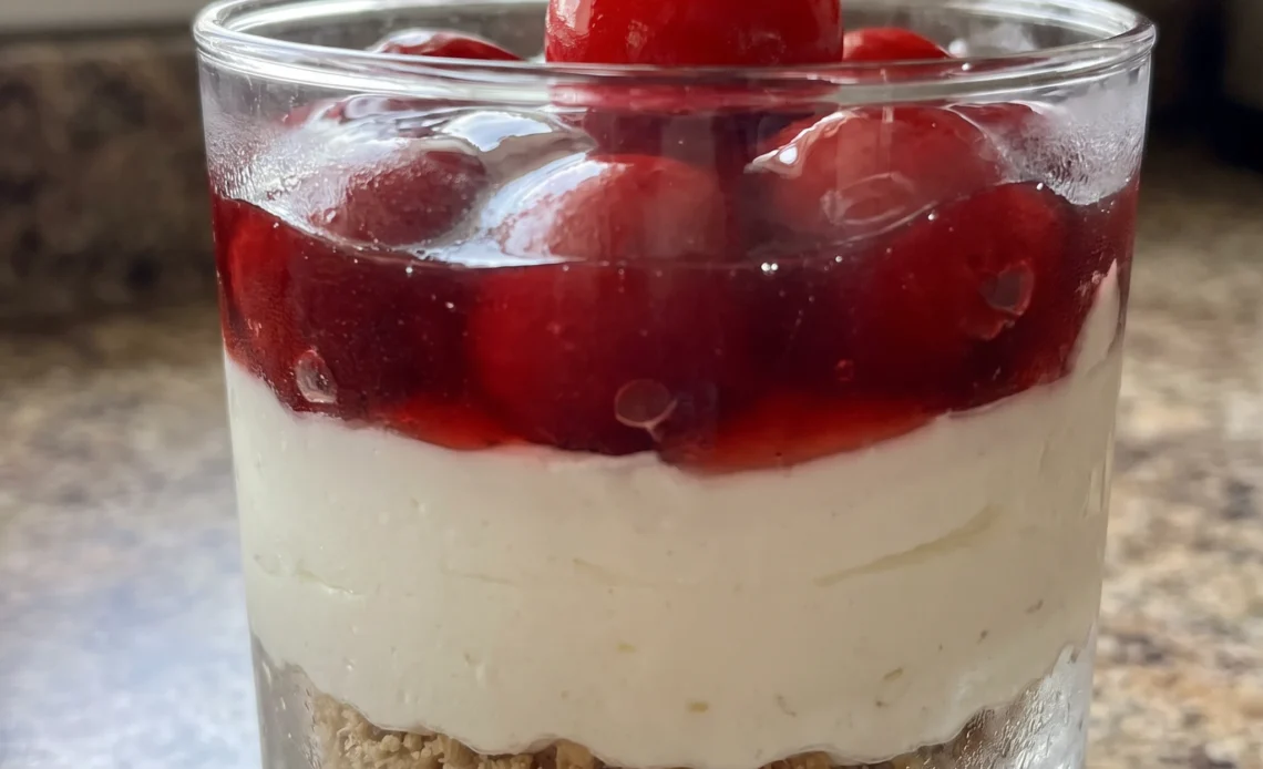 Two cherry cheesecake parfaits in glasses, layered with cream cheese, whipped cream, graham cracker crumbs, and cherry pie filling.