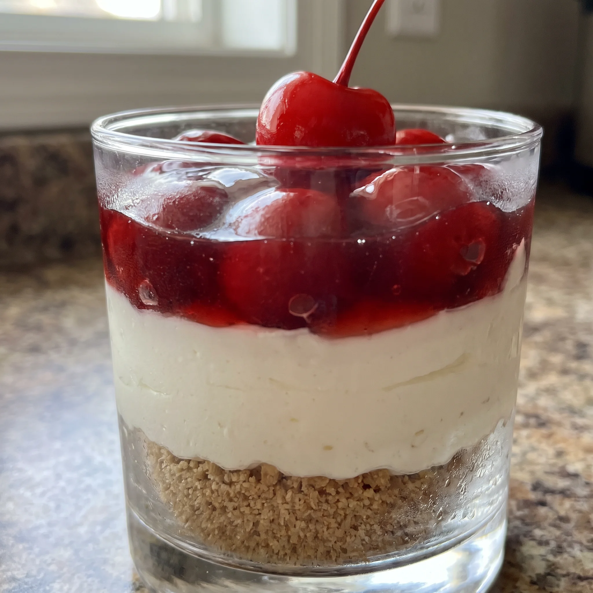 Two cherry cheesecake parfaits in glasses, layered with cream cheese, whipped cream, graham cracker crumbs, and cherry pie filling.