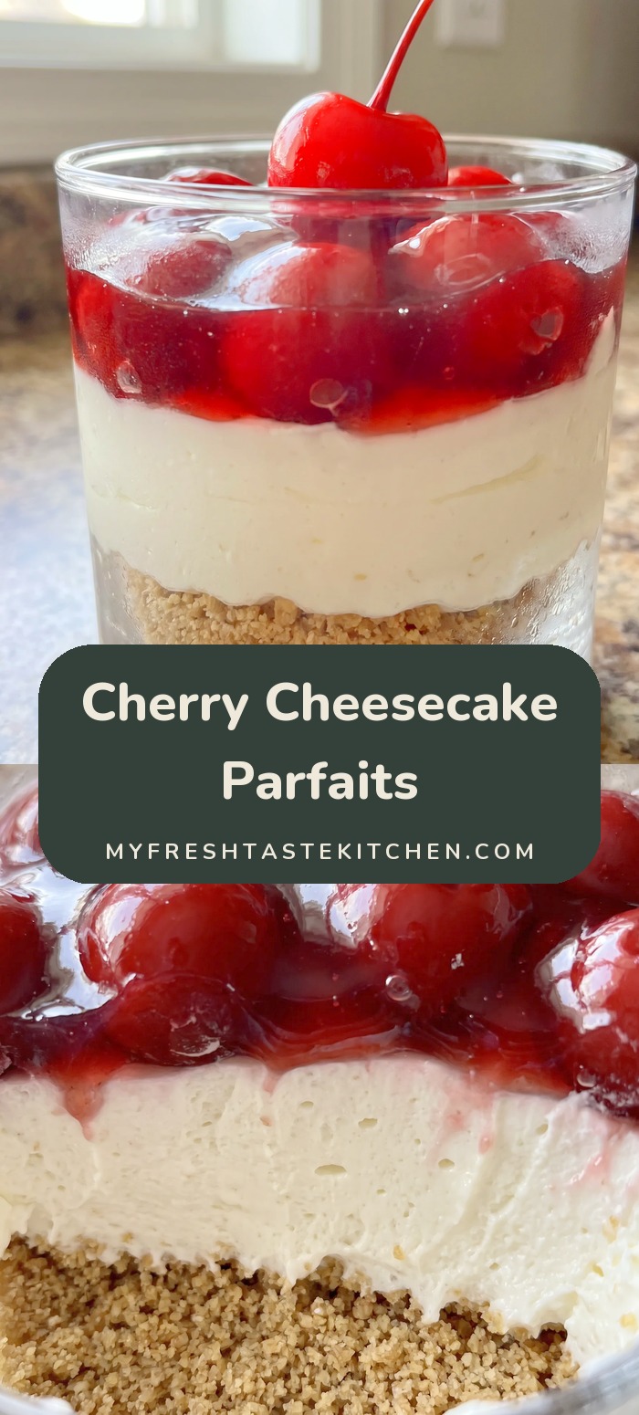 Layered parfait of graham cracker crumbs, whipped cream cheese, glossy cherry pie filling, and a stemmed cherry on top.