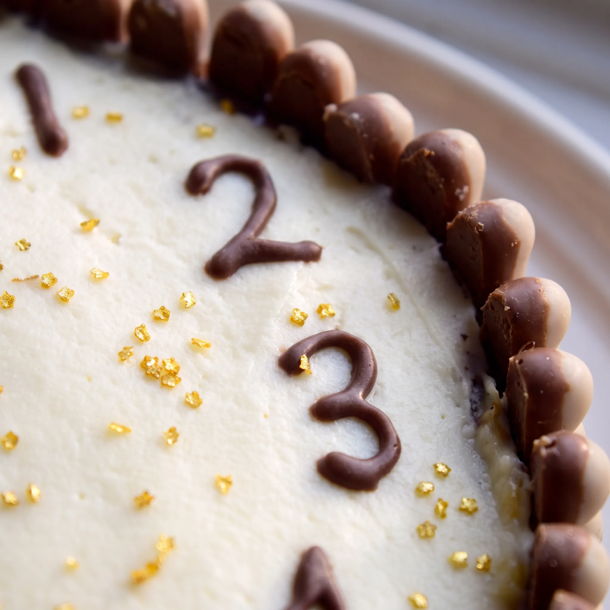 Glossy black cherry jam layered between upright chocolate fingers, dusted with cocoa and scattered with small edible gold stars.