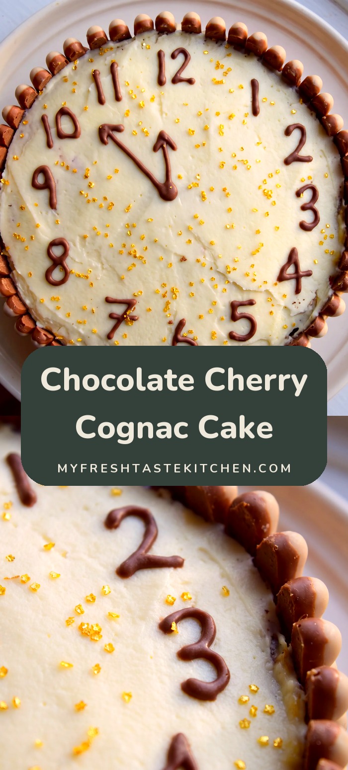 Round chocolate cake ringed with chocolate fingers, its white top decorated as a clock face with gold sprinkles.