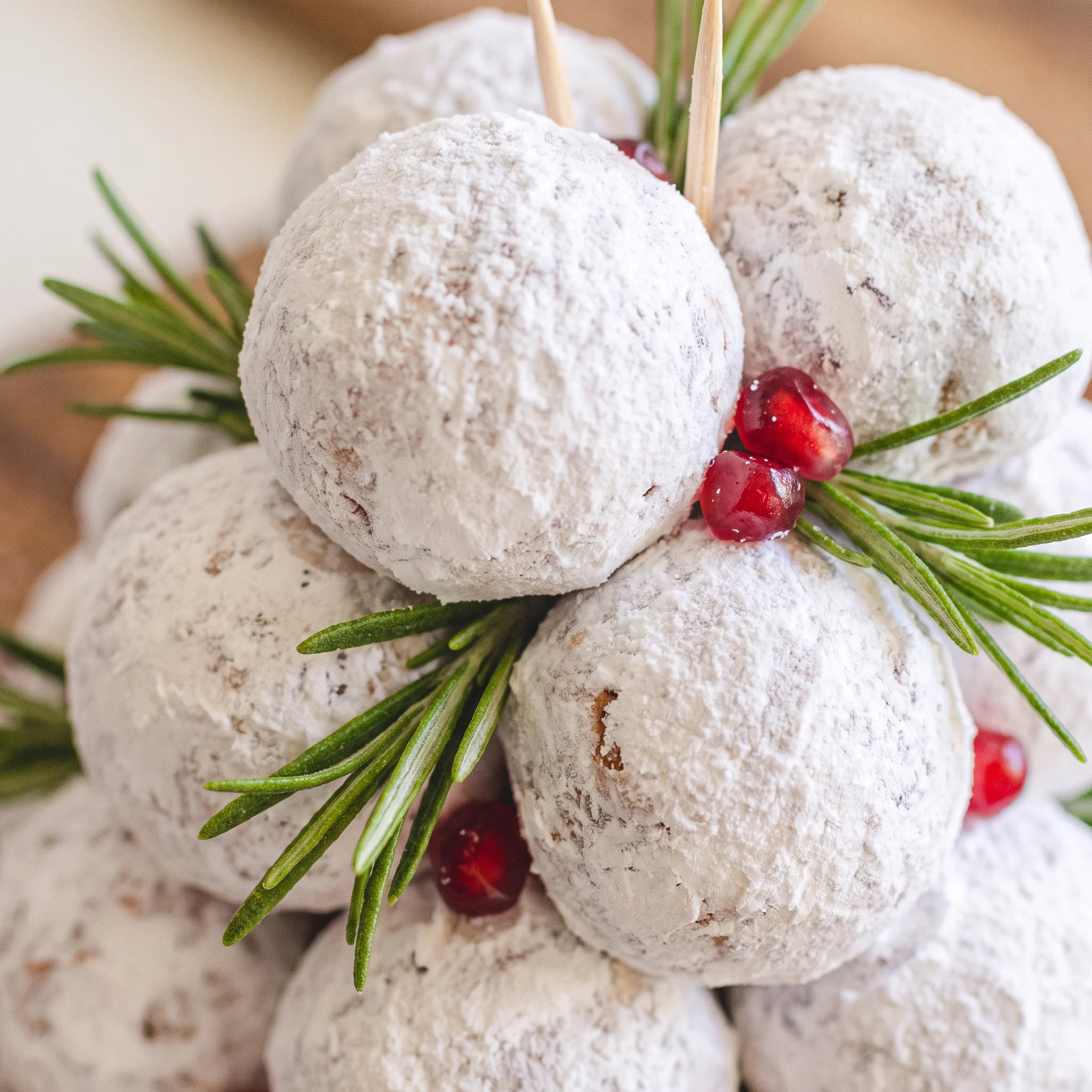 Powdered sugar dusting on golden donut holes, with green rosemary needles and glossy red pomegranate arils tucked between them.