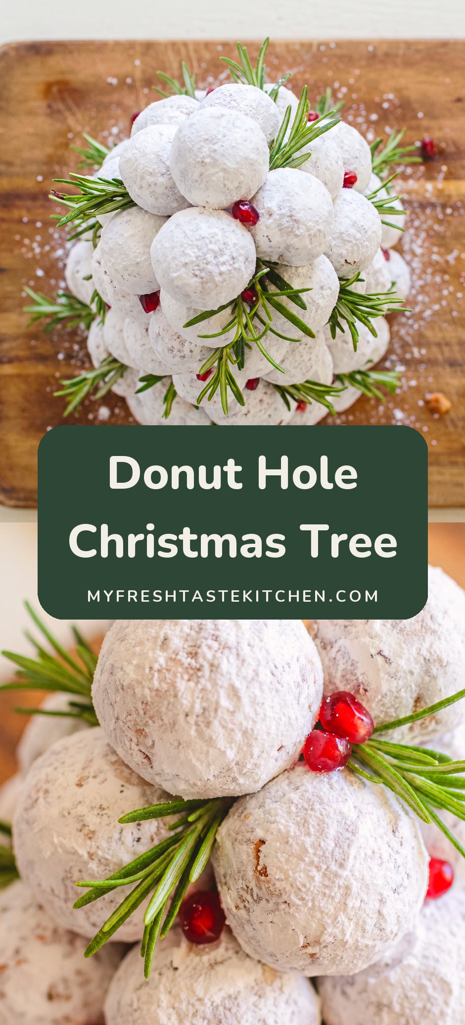 A cone of stacked powdered-sugar donut holes studded with rosemary sprigs and red pomegranate arils, dusted with powdered sugar.