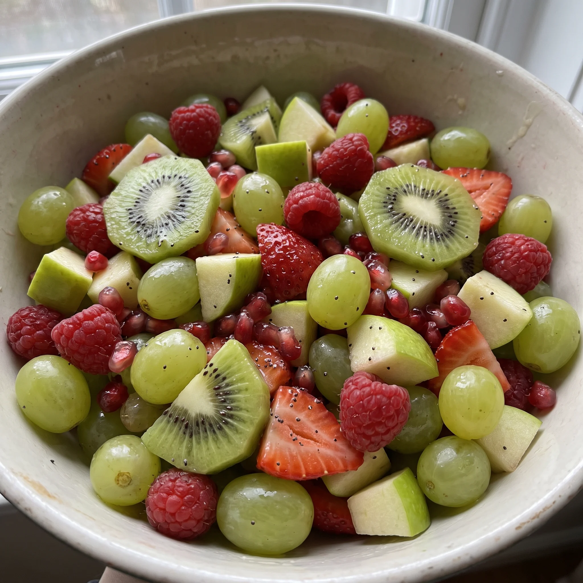 Christmas fruit salad with green grapes, kiwi slices, raspberries, strawberries and pomegranate arils in a mix of red and green.