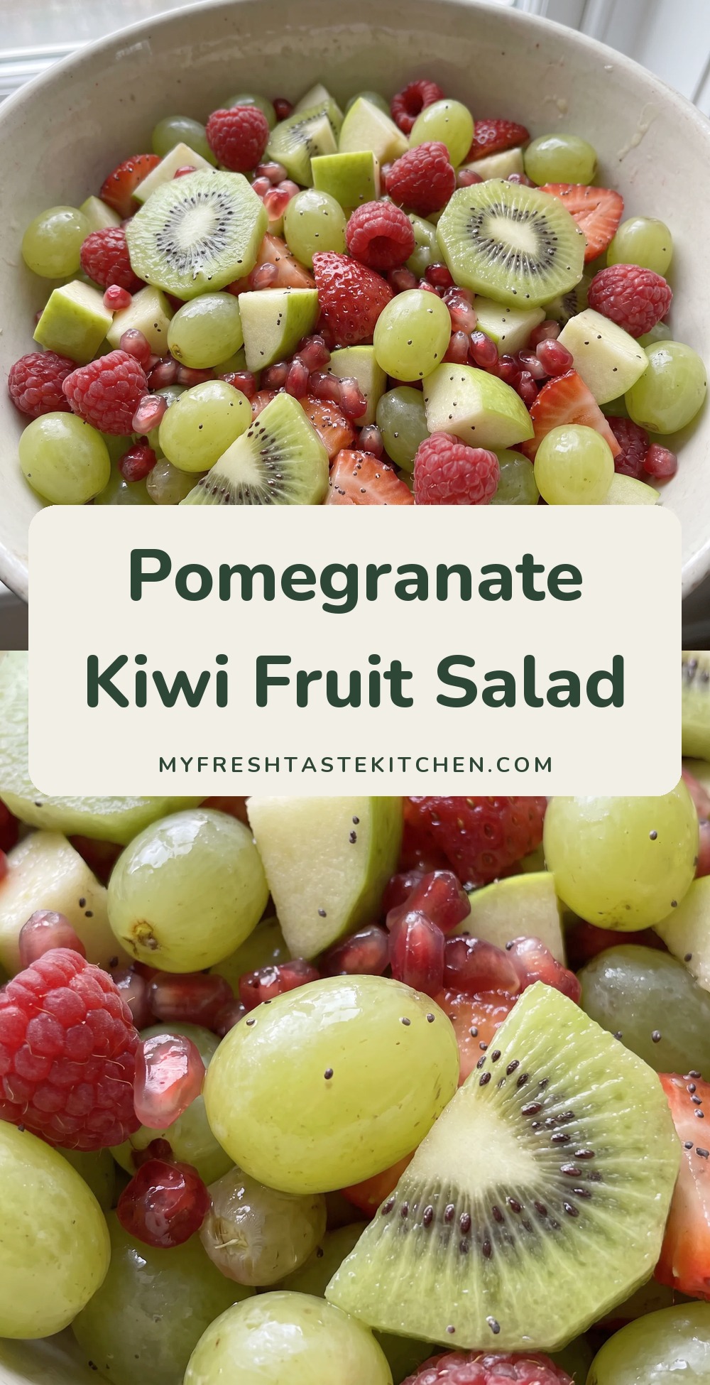 Green grapes, sliced kiwis, raspberries, strawberries, and pomegranate arils mixed together in a colorful fruit salad.