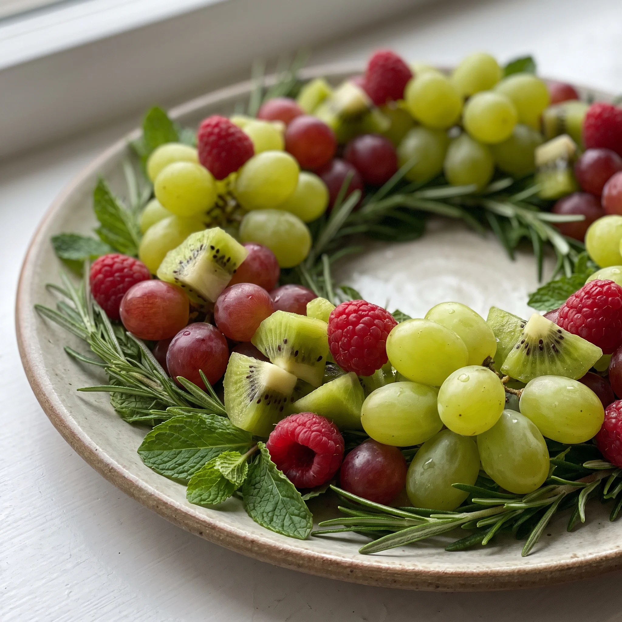 A Christmas fruit wreath made of green and red grapes, kiwi slices, raspberries, mint, and rosemary sprigs.
