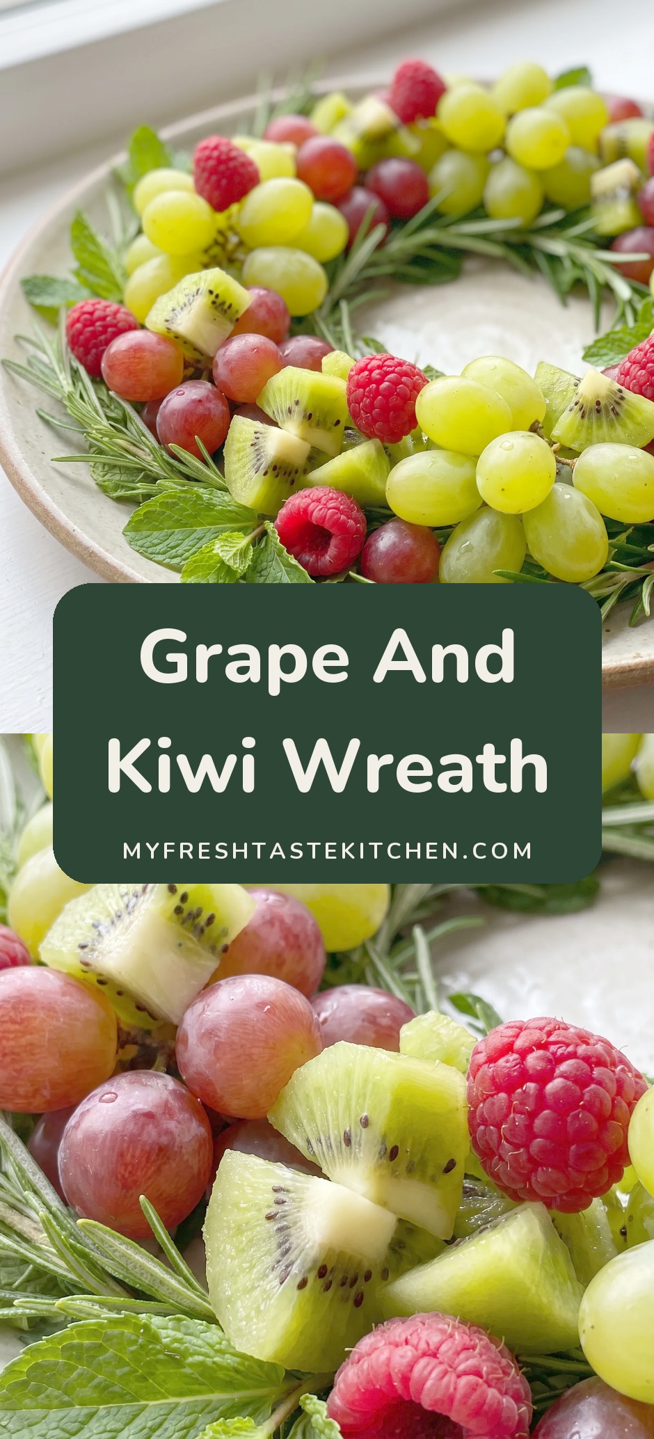 Green grape bunches, red grapes, chopped kiwi, and raspberries arranged in a wreath with mint and rosemary sprigs.