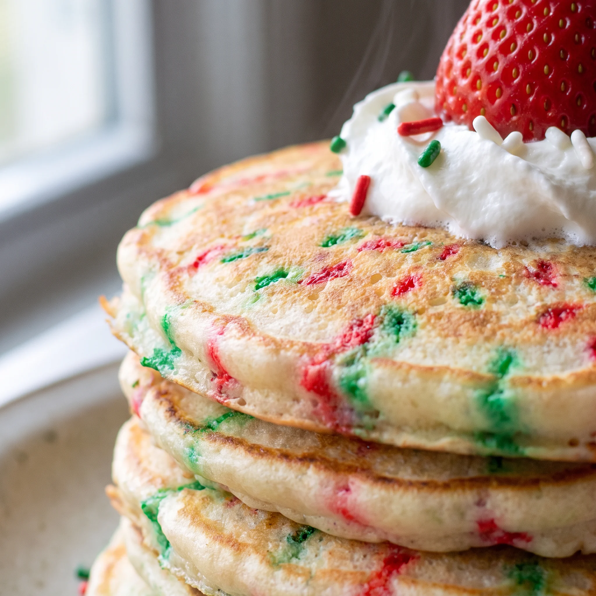 Whipped cream swirls and red strawberry Santa hats with white tips, dotted with red and green Christmas sprinkles.