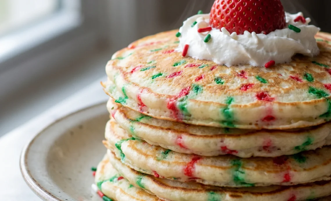 Stack of pancakes topped with whipped cream and strawberries shaped like Santa hats, finished with red and green Christmas sprinkles.