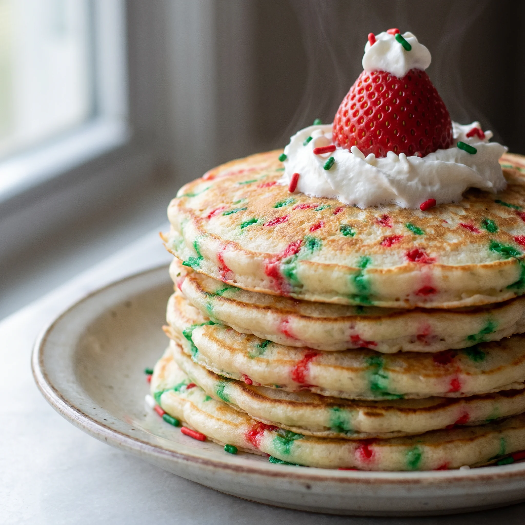 Stack of pancakes topped with whipped cream and strawberries shaped like Santa hats, finished with red and green Christmas sprinkles.