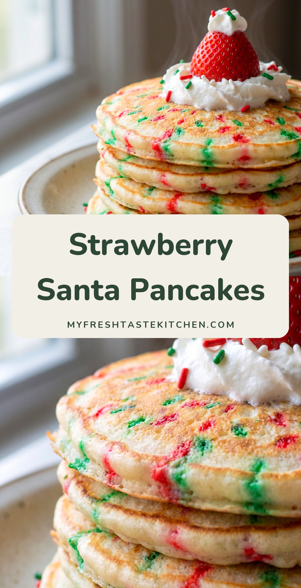 Golden pancakes topped with whipped cream and strawberries shaped like Santa hats, finished with red and green Christmas sprinkles.