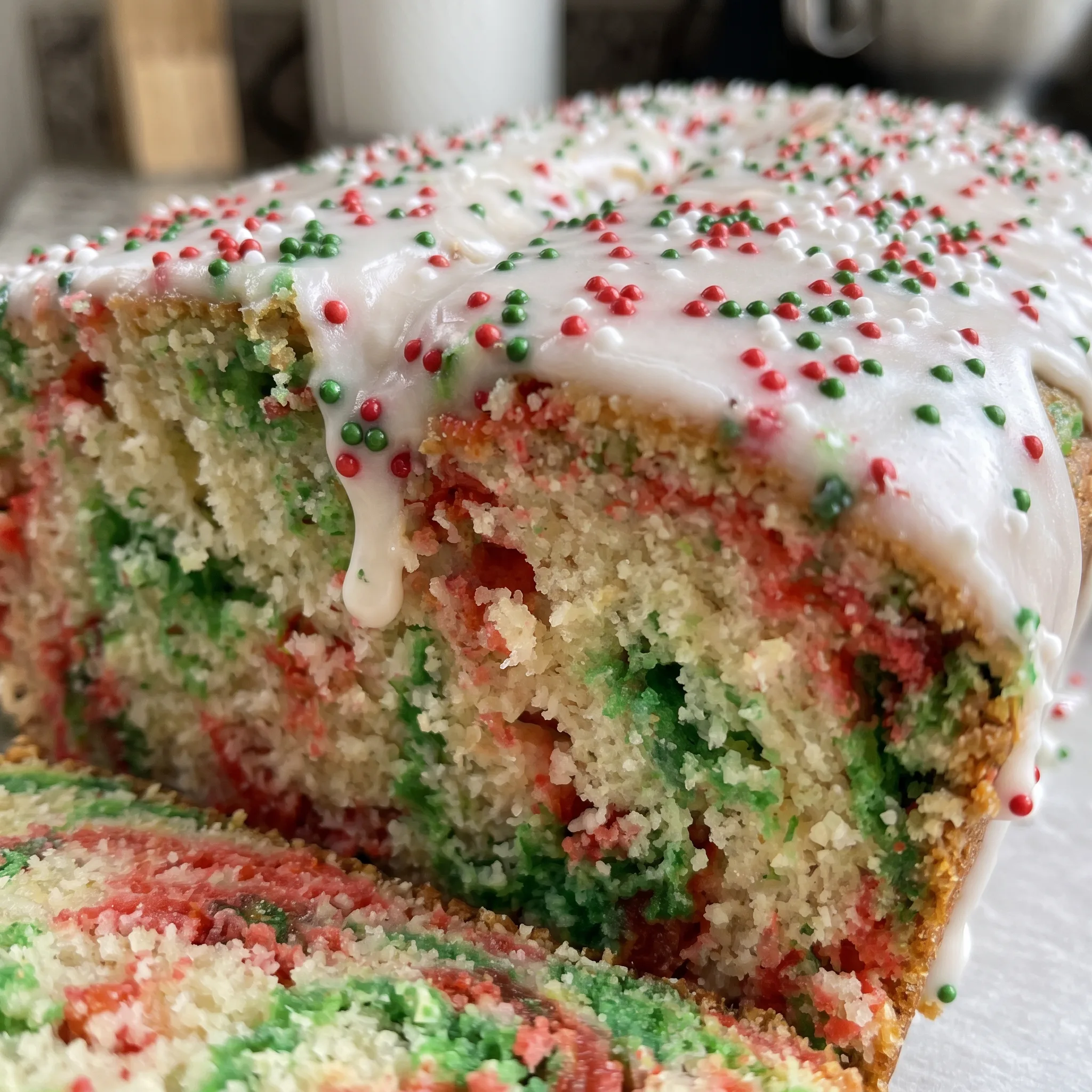 White glaze coats the bread, with red and green sprinkles and tiny round nonpareils pressed into the glossy surface.