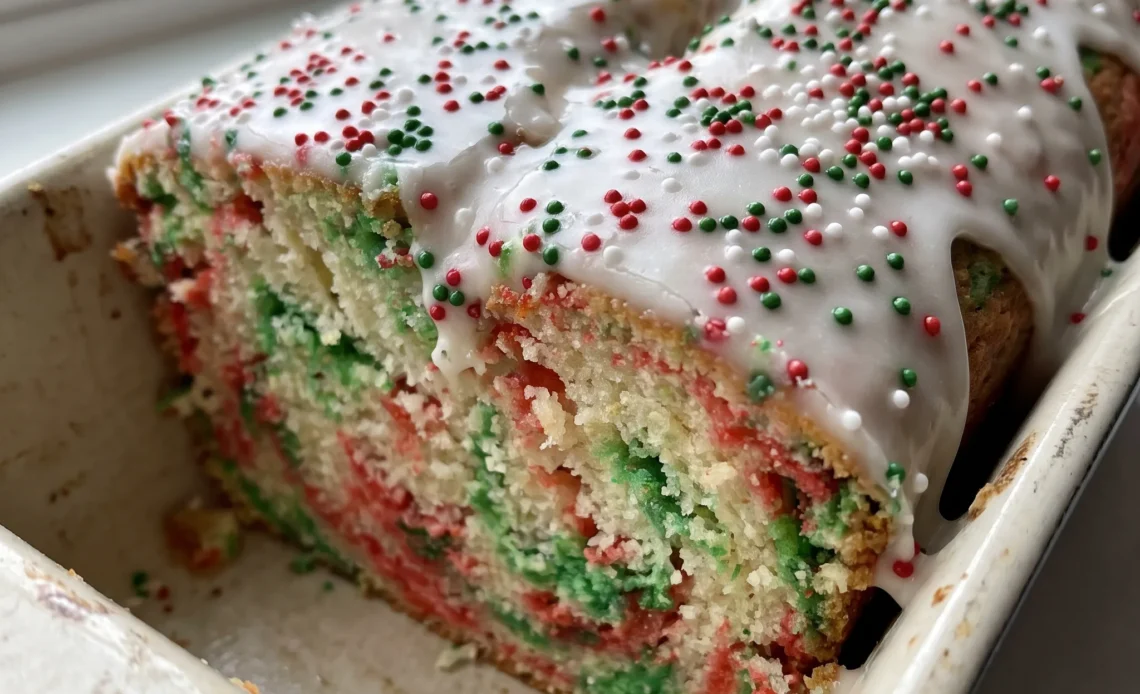 A loaf of Christmas sprinkle buttermilk bread with white glaze and red and green nonpareils scattered across the top.