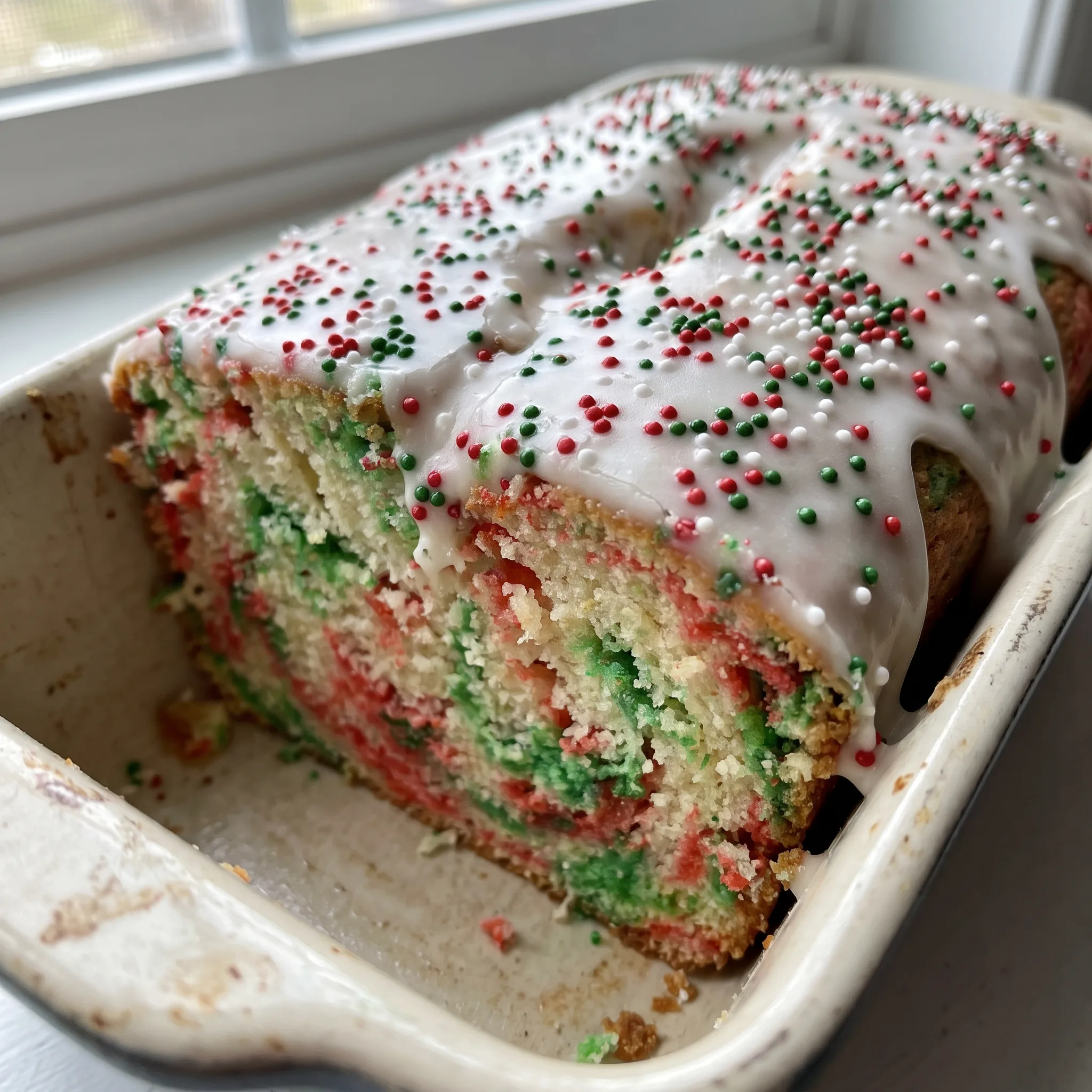 A loaf of Christmas sprinkle buttermilk bread with white glaze and red and green nonpareils scattered across the top.