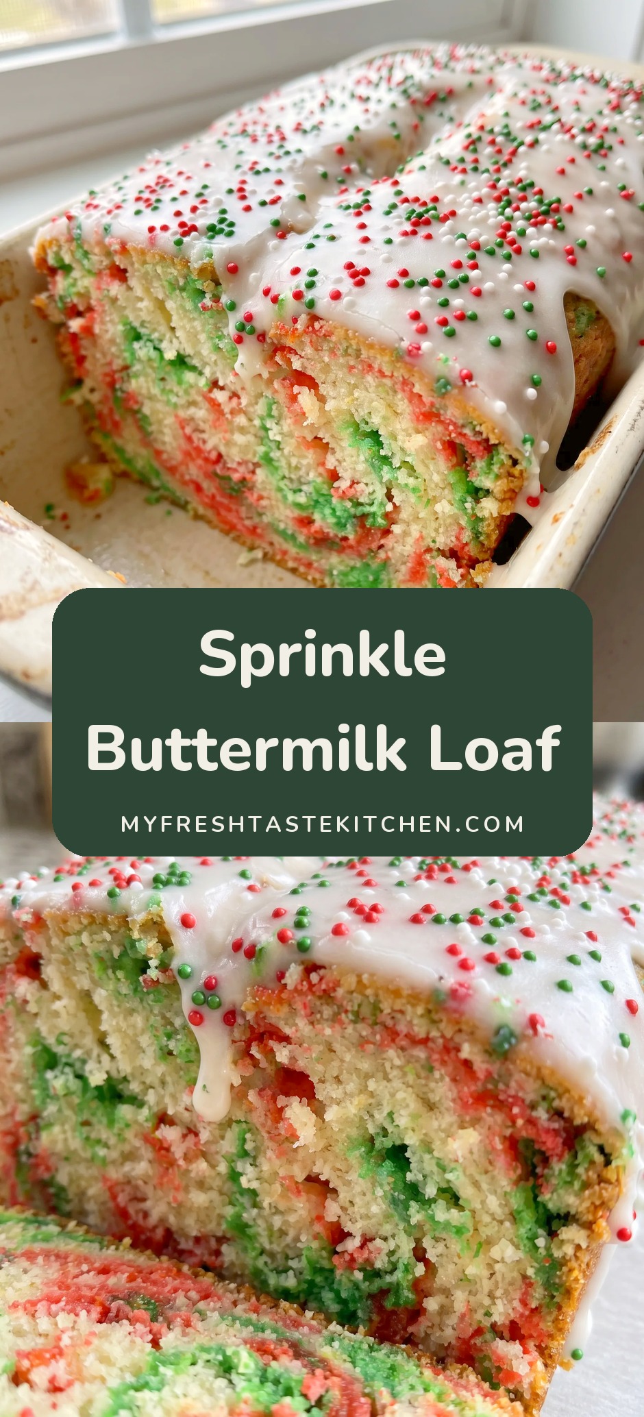 A loaf of buttermilk bread topped with white glaze, colorful sprinkles, and tiny nonpareils.