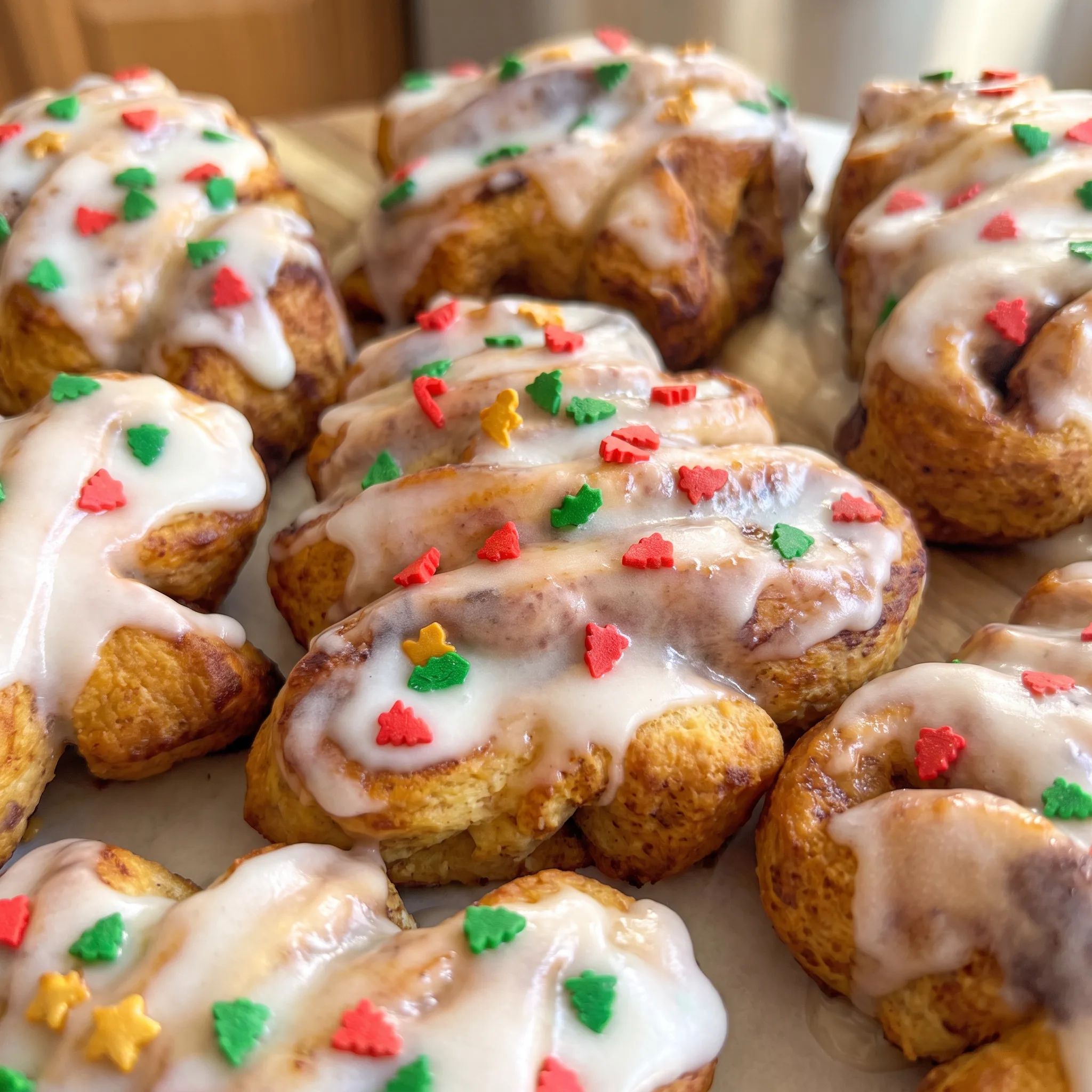 Swirled cinnamon roll dough with glossy white icing and small red and green sprinkles on top.