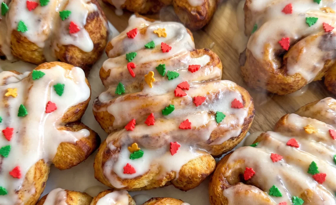 Cinnamon rolls arranged in a Christmas tree shape, topped with white icing and red and green sprinkles.