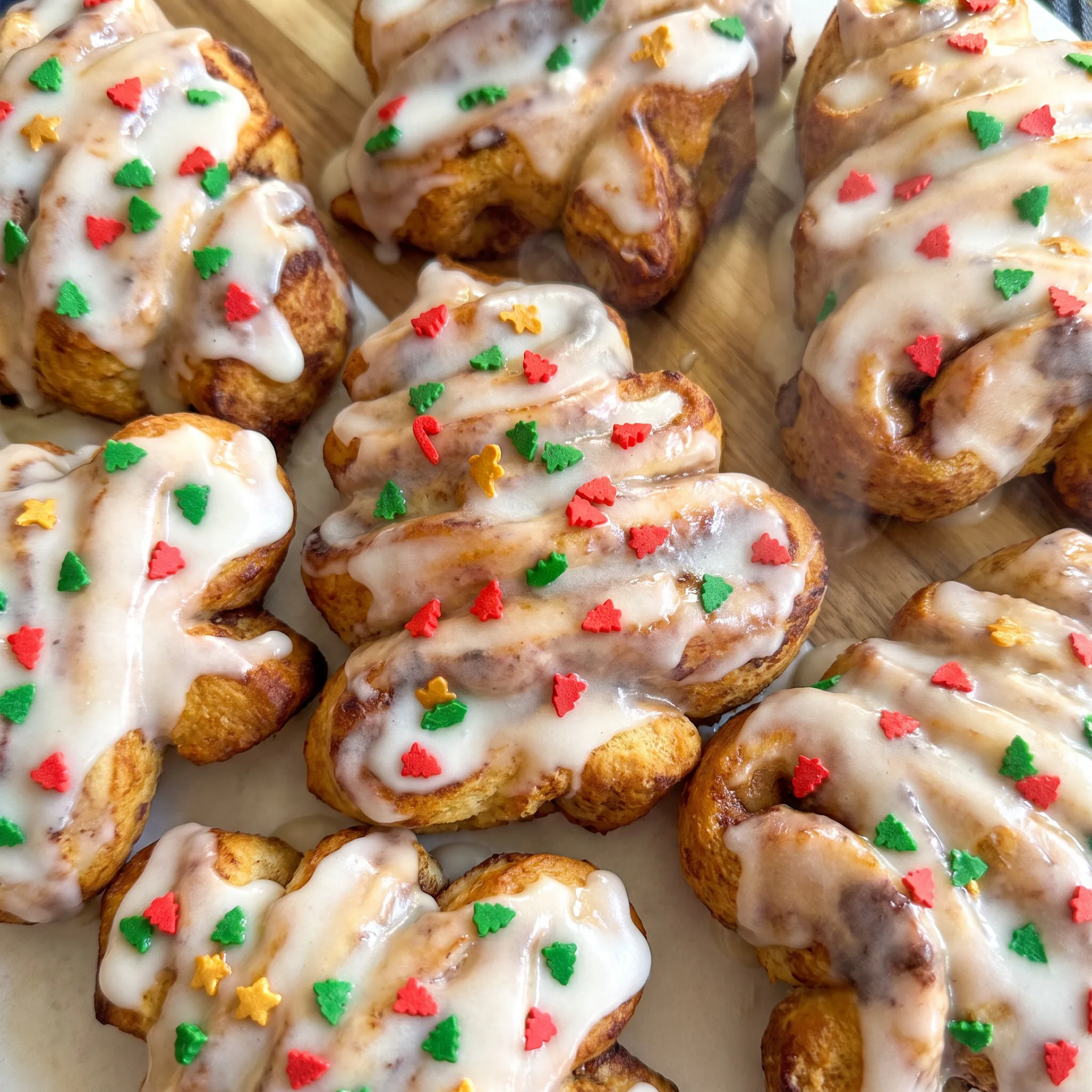 Cinnamon rolls arranged in a Christmas tree shape, topped with white icing and red and green sprinkles.
