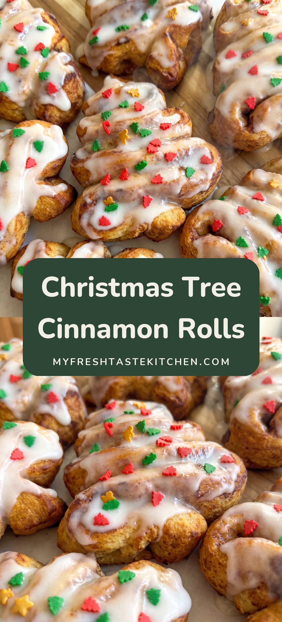 Glazed cinnamon rolls shaped like small trees with white icing and red and green sprinkles.