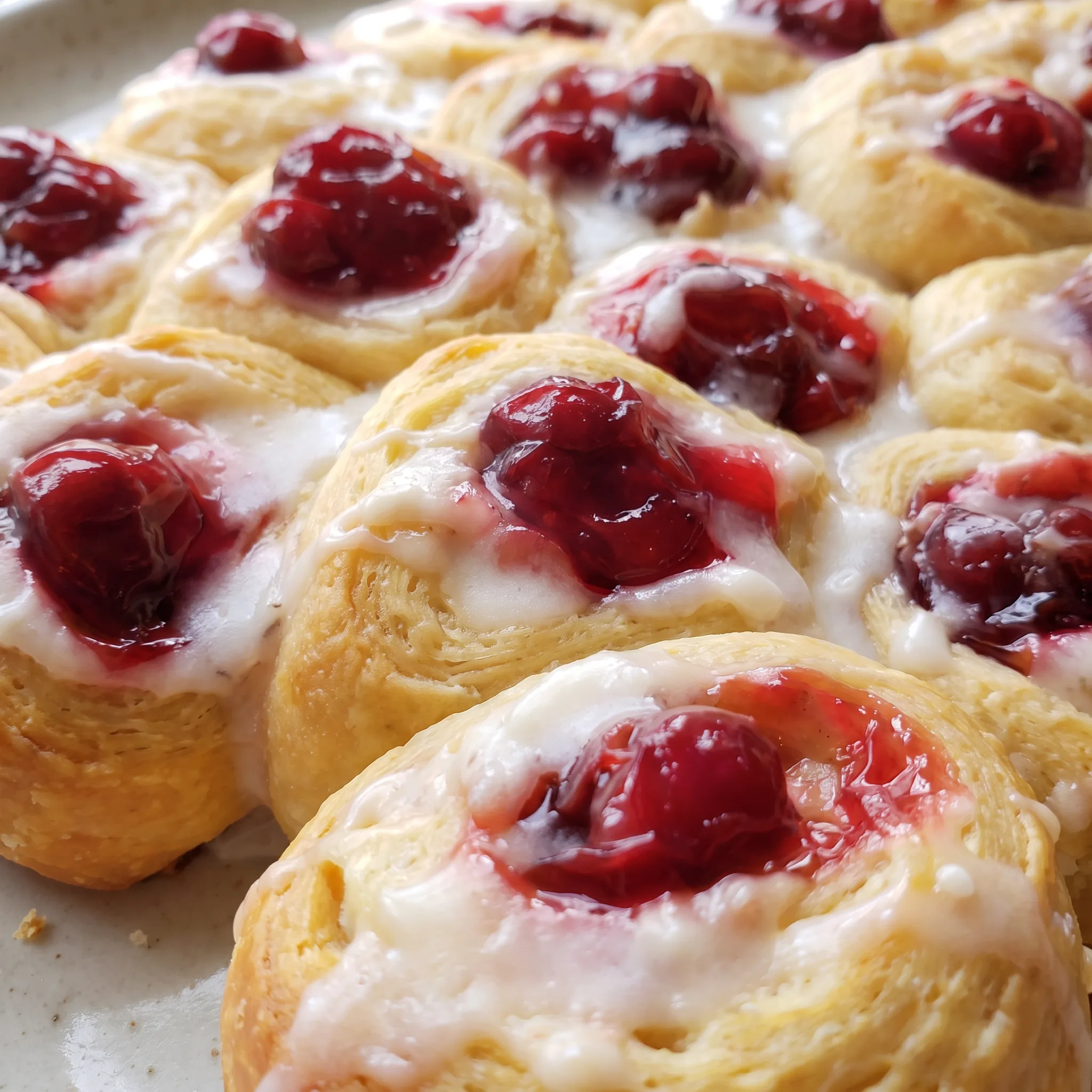 Golden crescent roll dough with smooth cream cheese filling and glossy red cherry pie filling dots.