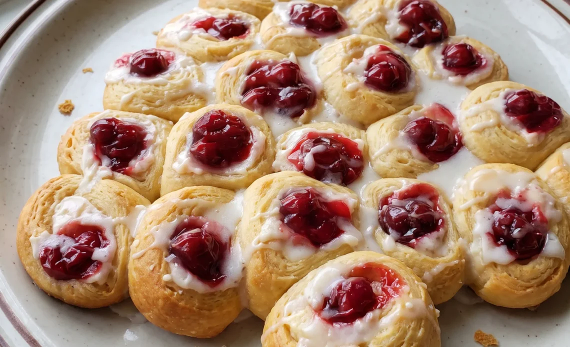 Christmas tree cream cheese danish with crescent roll layers, cream cheese filling and red cherry pie filling dots.