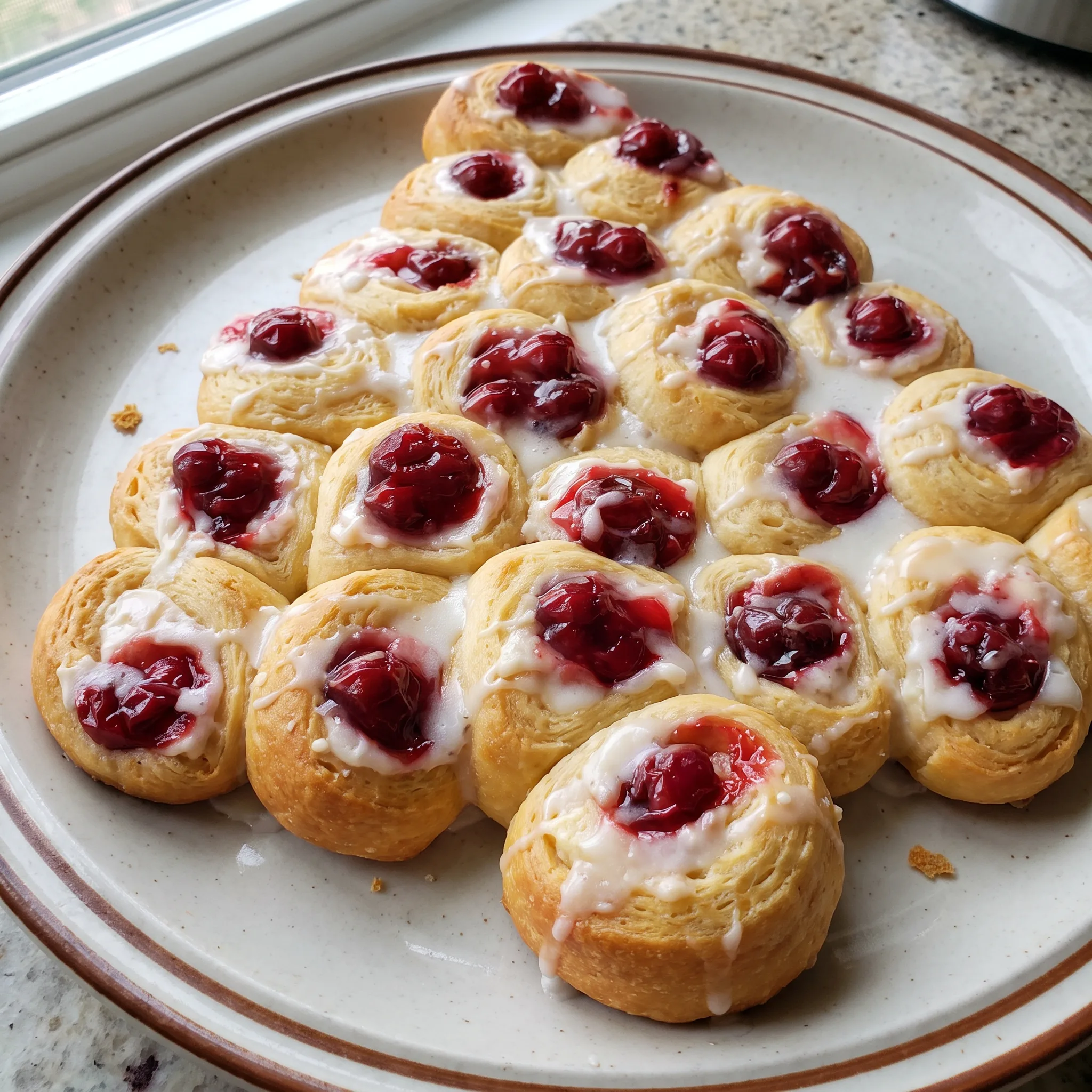 Christmas tree cream cheese danish with crescent roll layers, cream cheese filling and red cherry pie filling dots.