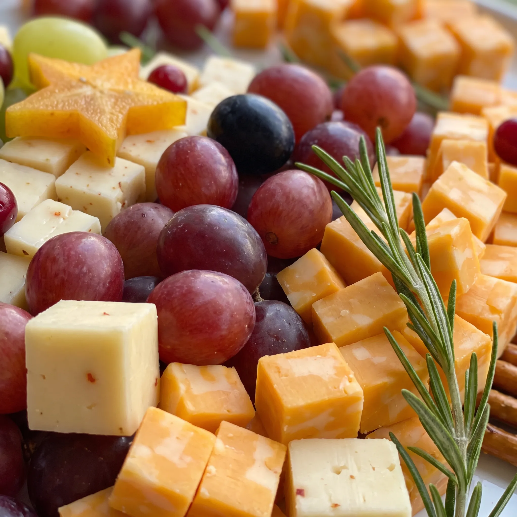 Cubes of cheddar and Monterey Jack cheese with halved grapes, sliced kiwi, star fruit, cranberries, and nuts arranged in a tree shape.