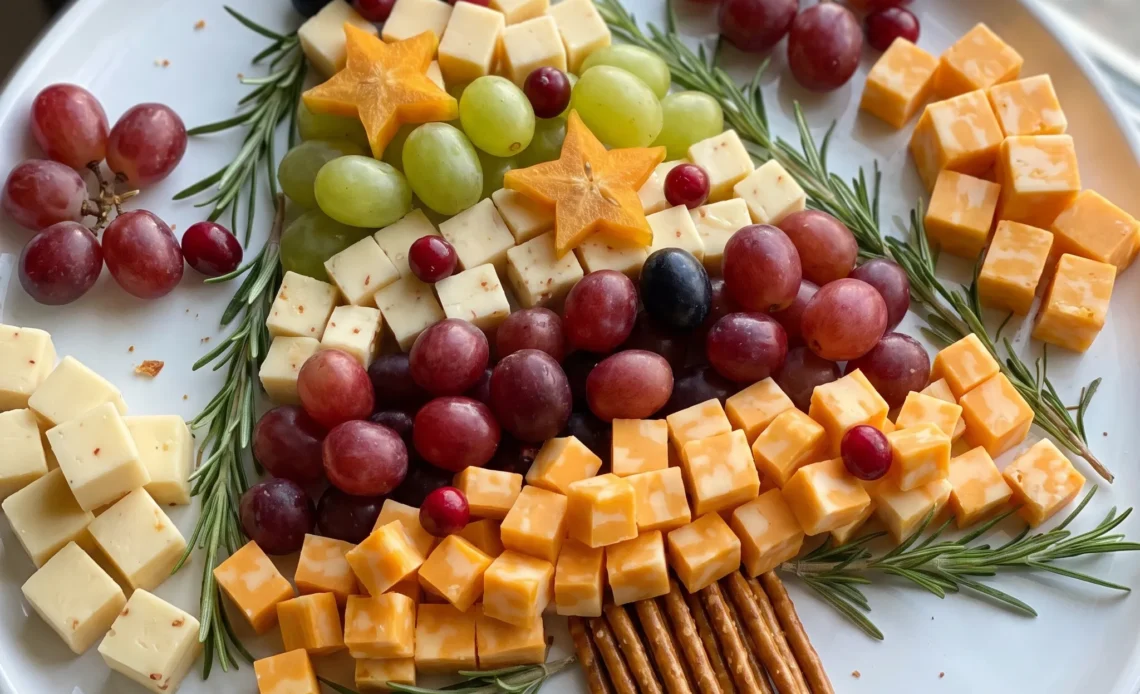 A Christmas tree shaped fruit and cheese platter with cheddar, Monterey Jack, grapes, kiwi, star fruit, cranberries, nuts, celery, and rosemary.