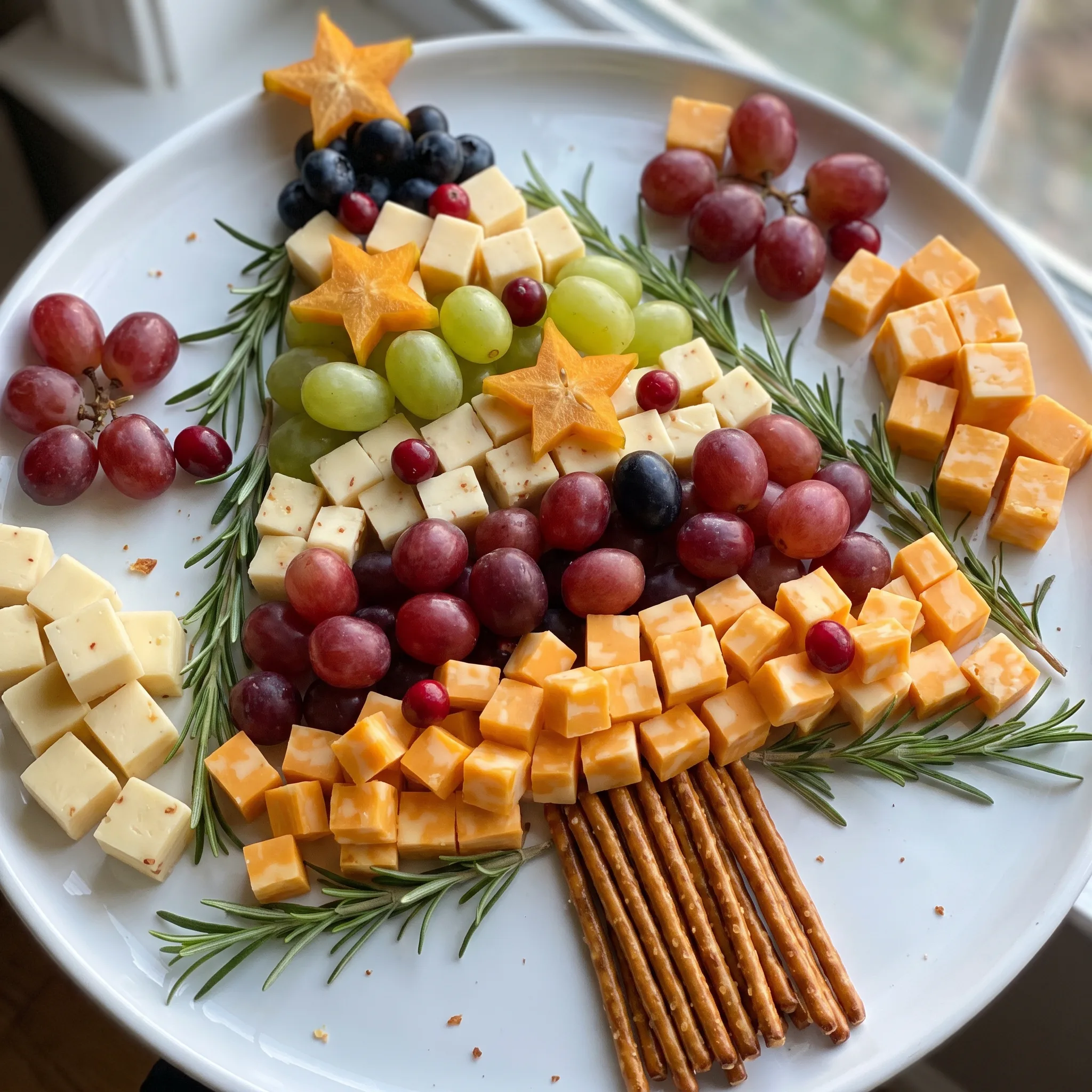 A Christmas tree shaped fruit and cheese platter with cheddar, Monterey Jack, grapes, kiwi, star fruit, cranberries, nuts, celery, and rosemary.