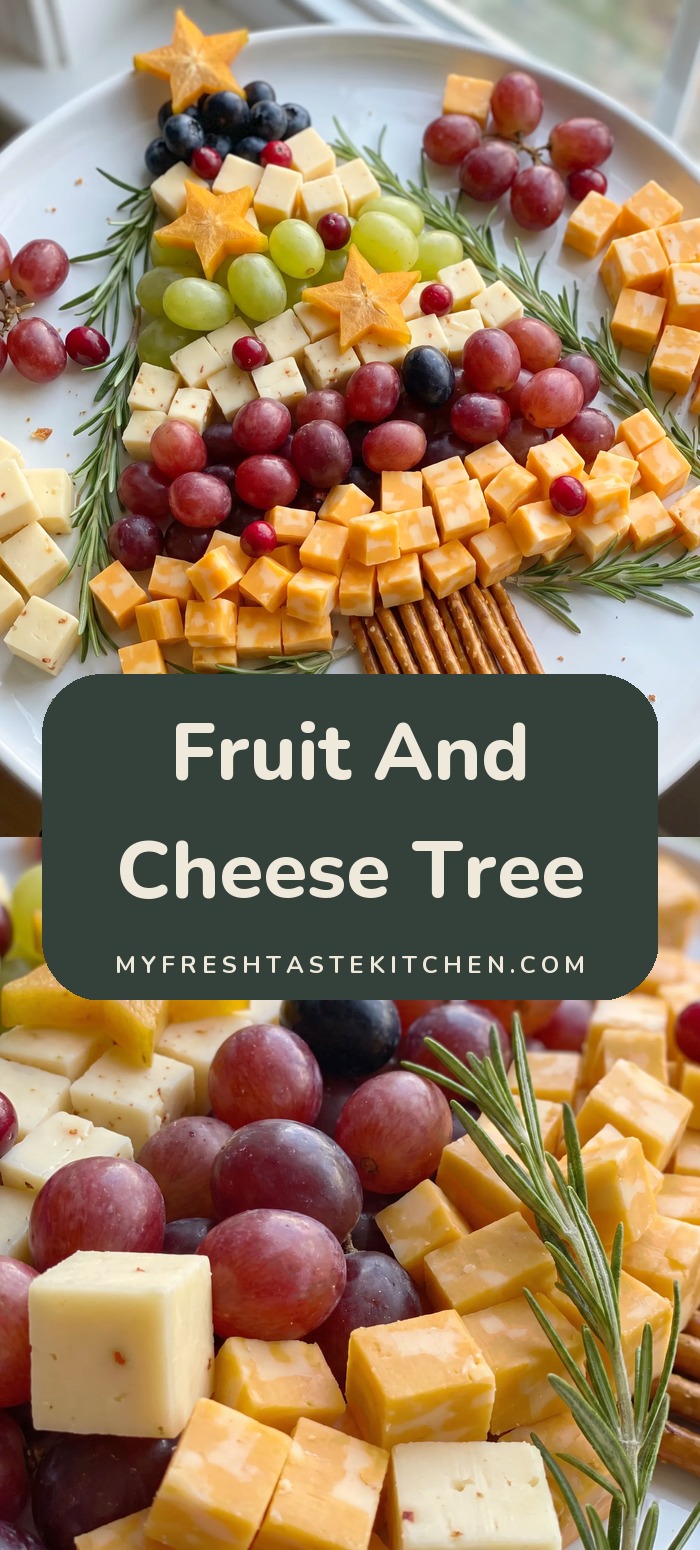 Rosemary sprigs outline a tree shape of cheddar and Monterey Jack squares, red, green, and black grapes, kiwi and star fruit slices, cranberries, nuts, and a celery trunk.