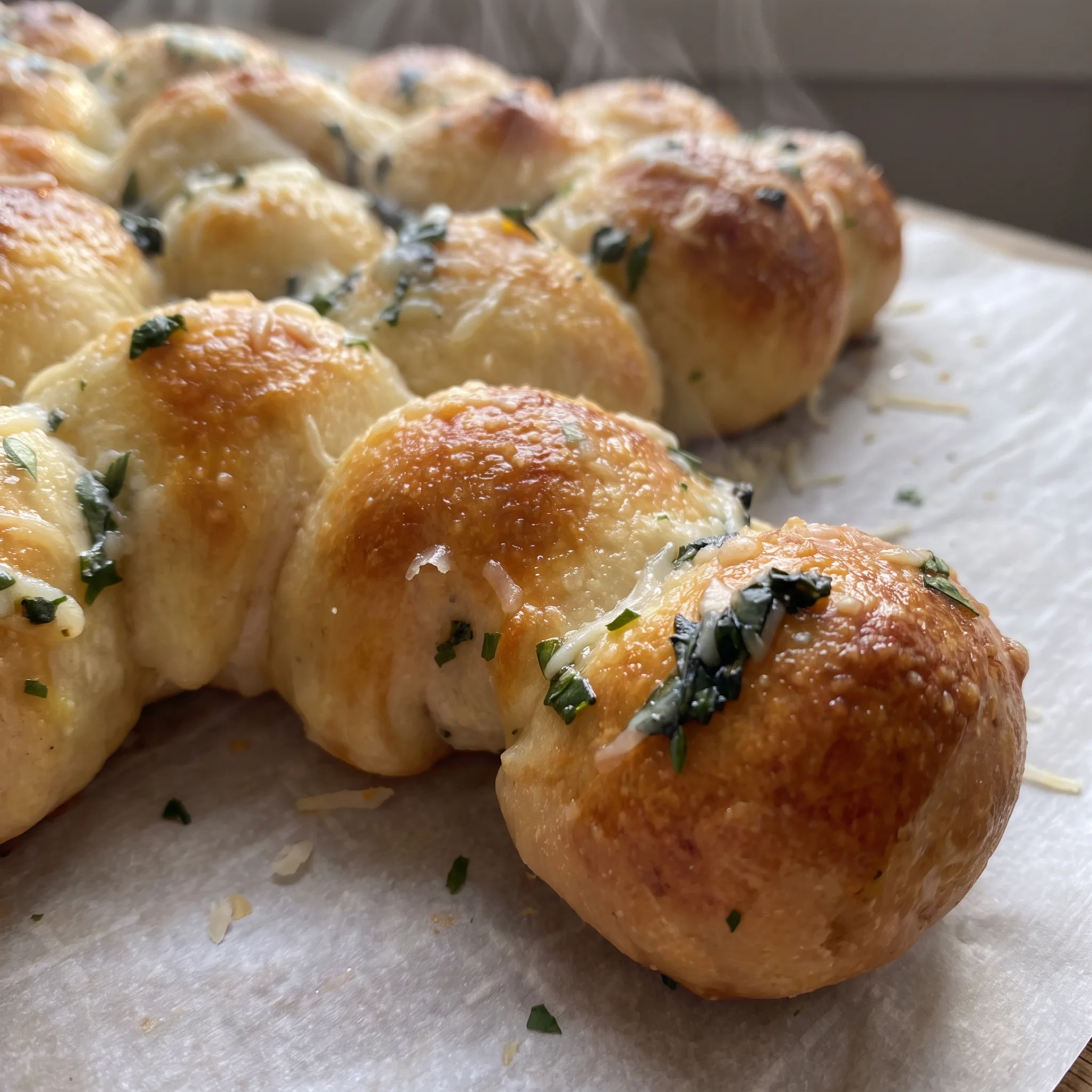 Golden pizza dough pieces in a tree shape, glossy garlic butter, melted mozzarella strands, grated Parmesan and green herb flecks.
