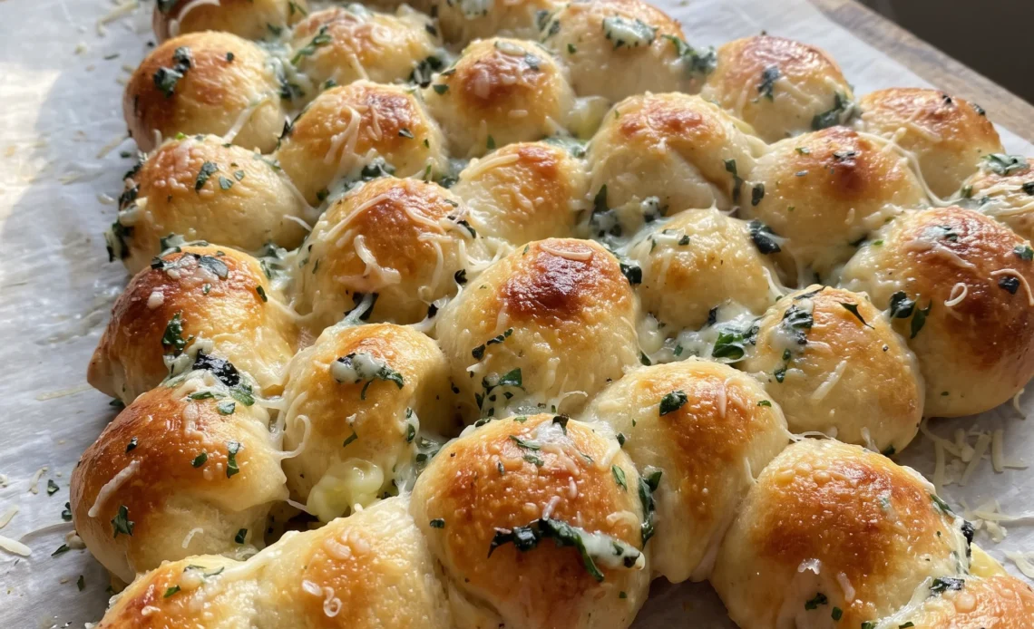 Cheesy Christmas tree pull apart bread made of pizza dough pieces filled with melted mozzarella, topped with Parmesan, garlic butter and herbs.