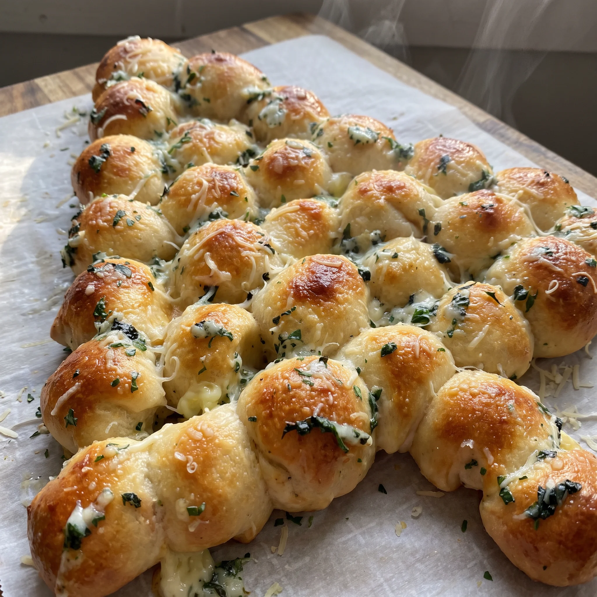 Cheesy Christmas tree pull apart bread made of pizza dough pieces filled with melted mozzarella, topped with Parmesan, garlic butter and herbs.