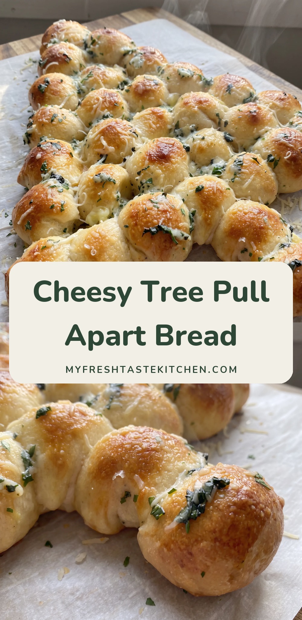 Golden-brown pizza dough balls shaped into a Christmas tree, topped with melted garlic butter, grated Parmesan, and green herbs, with mozzarella inside.