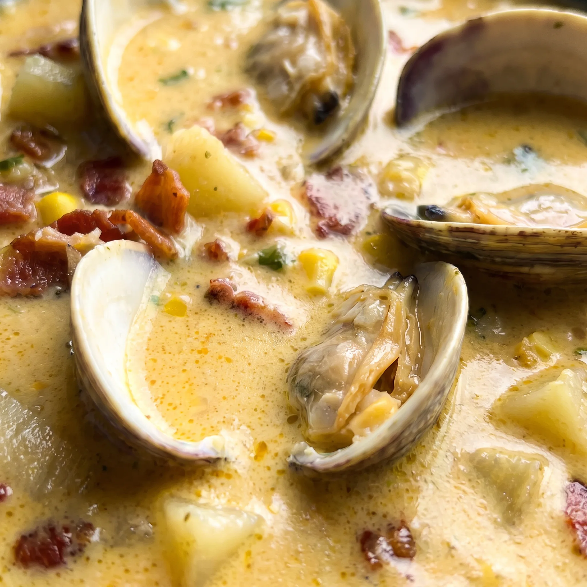 Creamy chowder with tender clam meat, crisp bacon bits, and soft potato cubes in a pale broth.