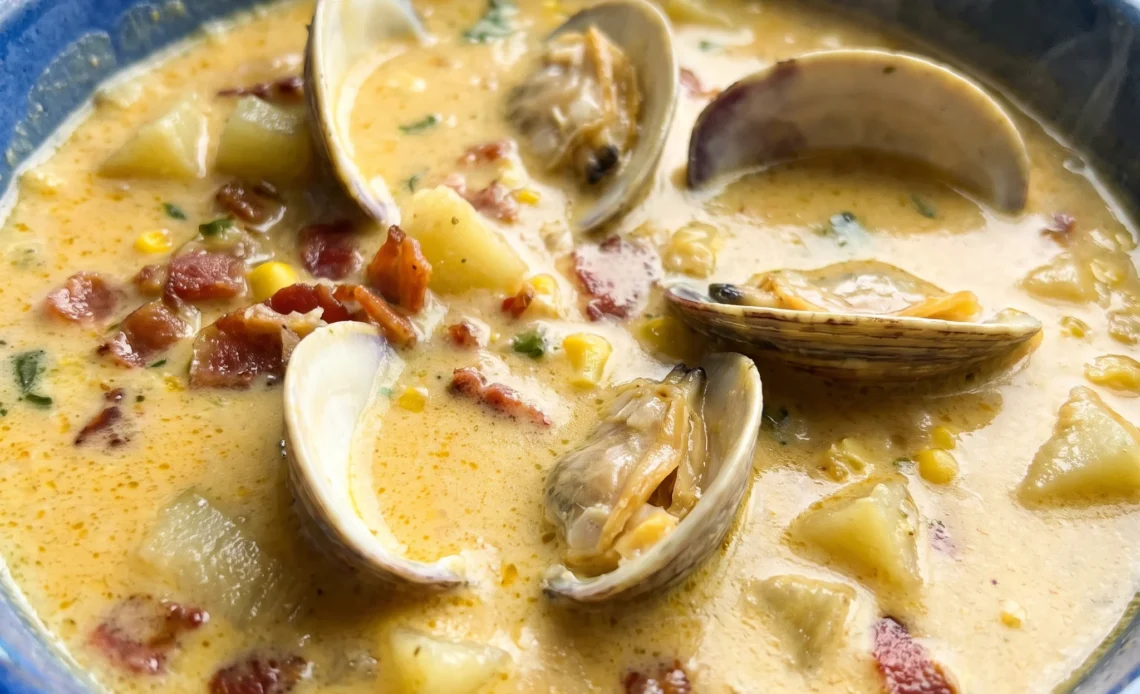 Clam and corn chowder with littleneck clams in shell, yellow corn kernels, bacon pieces, and potato cubes in cream.