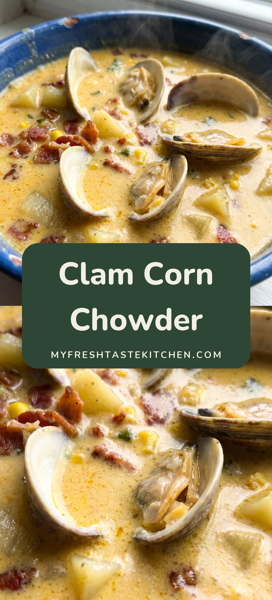 Bowl of creamy chowder with clams in their shells, bacon, potato chunks and corn.