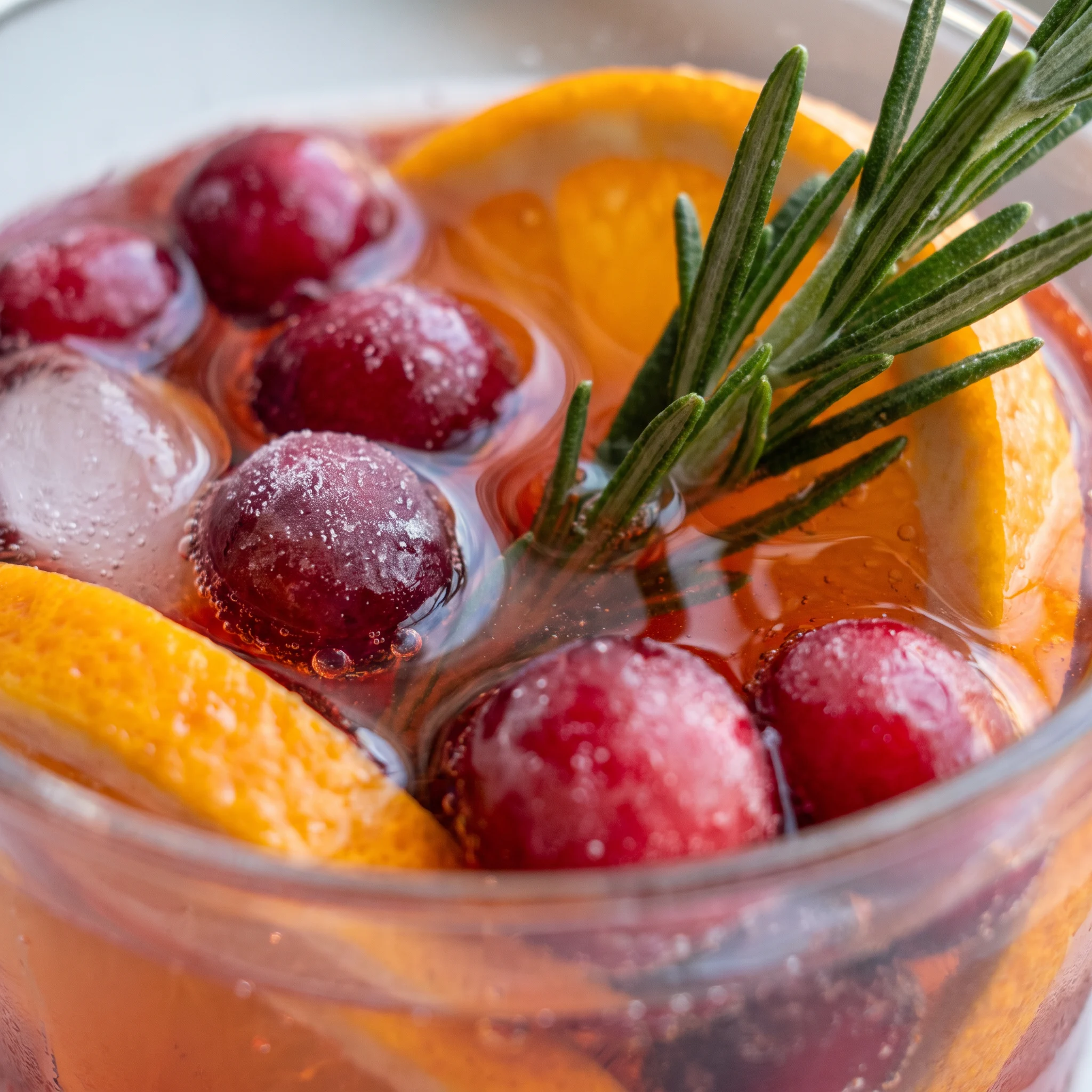 Frozen cranberries and orange slices in a fizzy red-orange drink, garnished with a rosemary sprig.